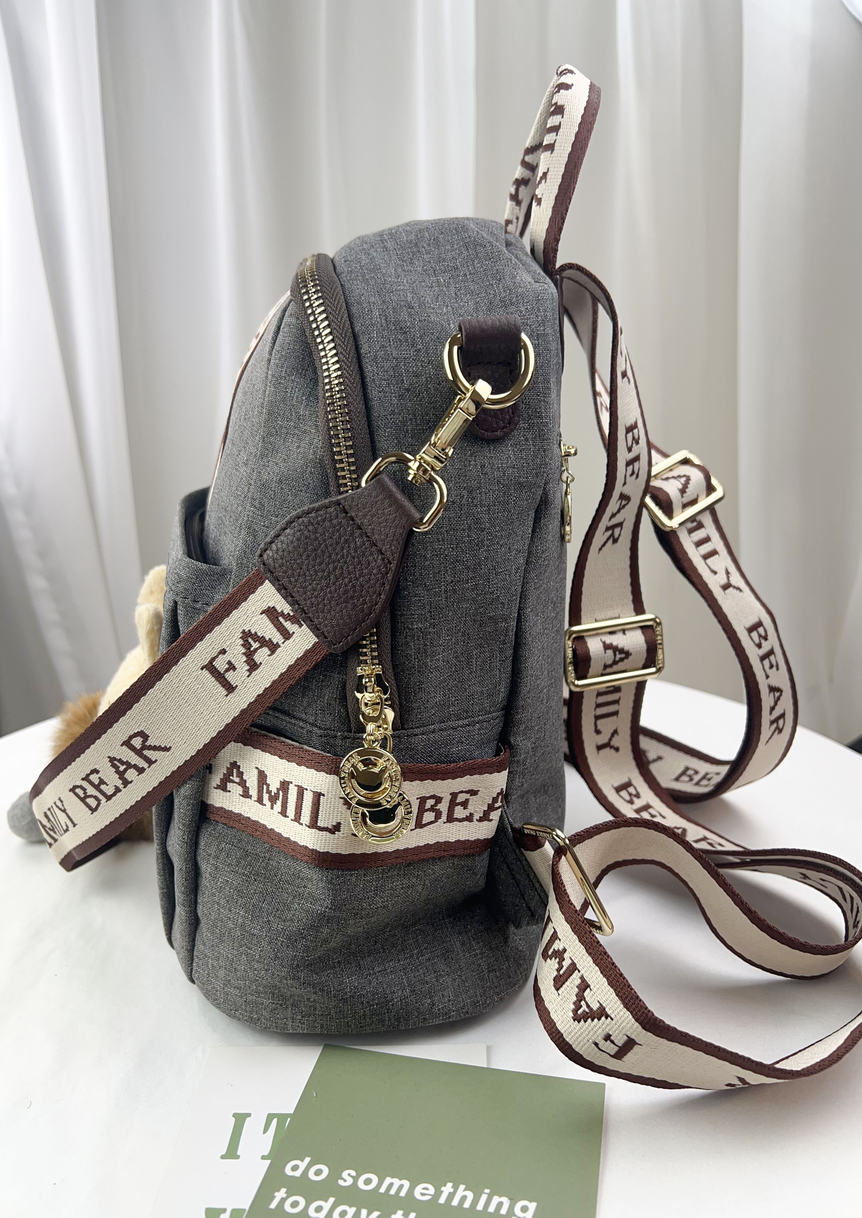 FamilyBear 織帶灰配咖防潑水肩背包 / 側背包 附兔兔吊飾 #2649