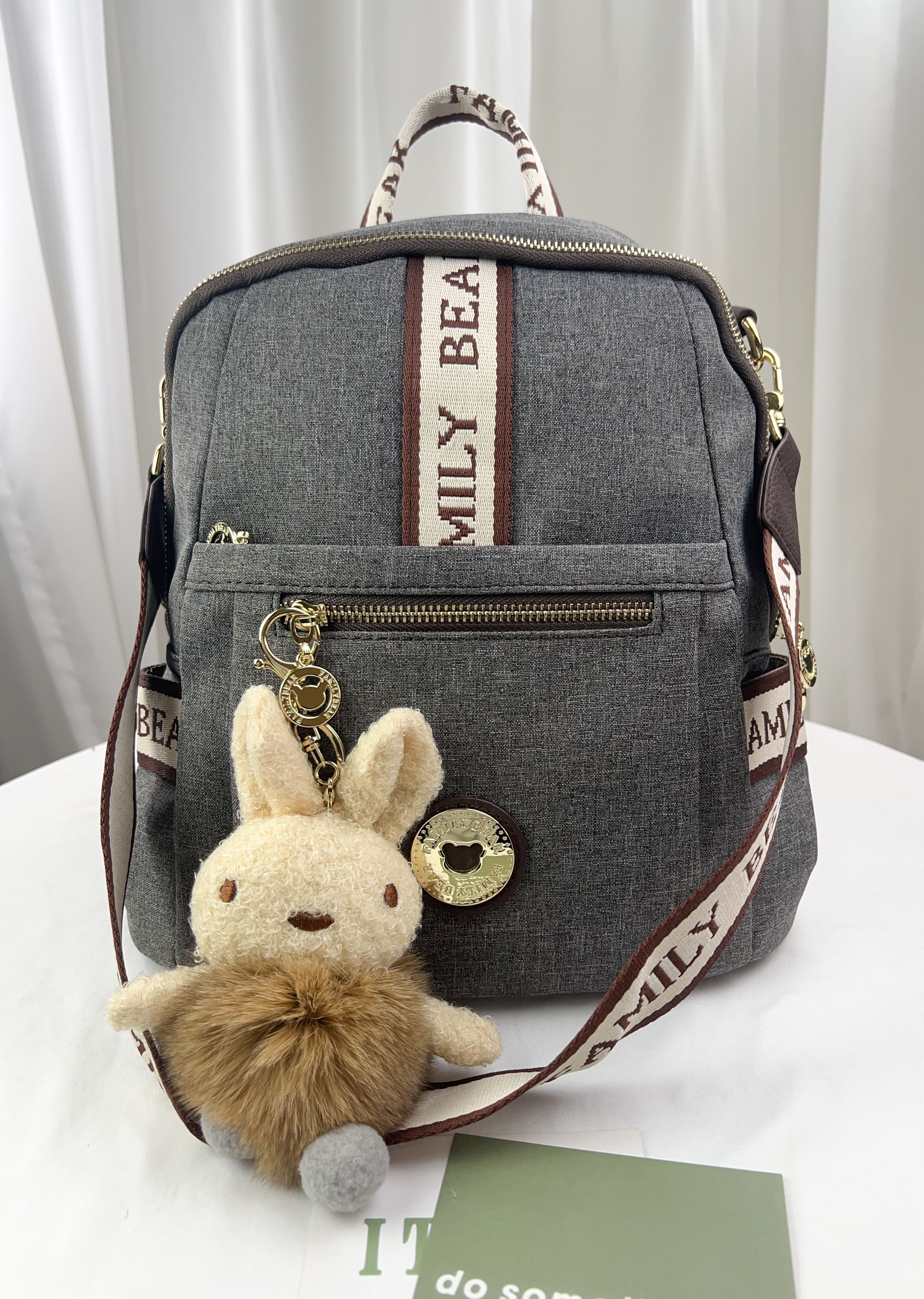 FamilyBear 織帶灰配咖防潑水肩背包 / 側背包 附兔兔吊飾 #2649