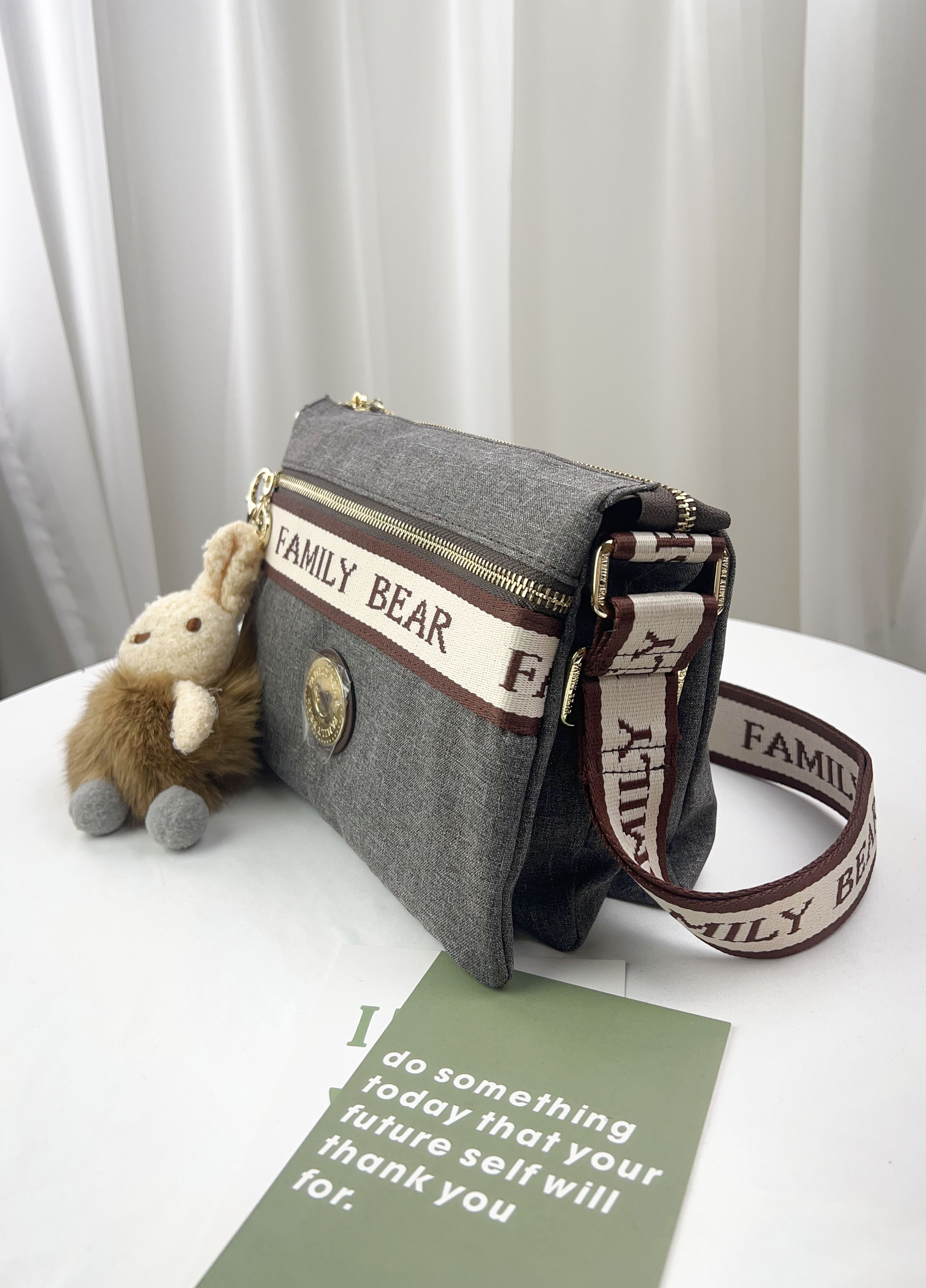 FamilyBear 織帶灰配咖防潑水肩背包 / 側背包 附兔兔吊飾  #2522