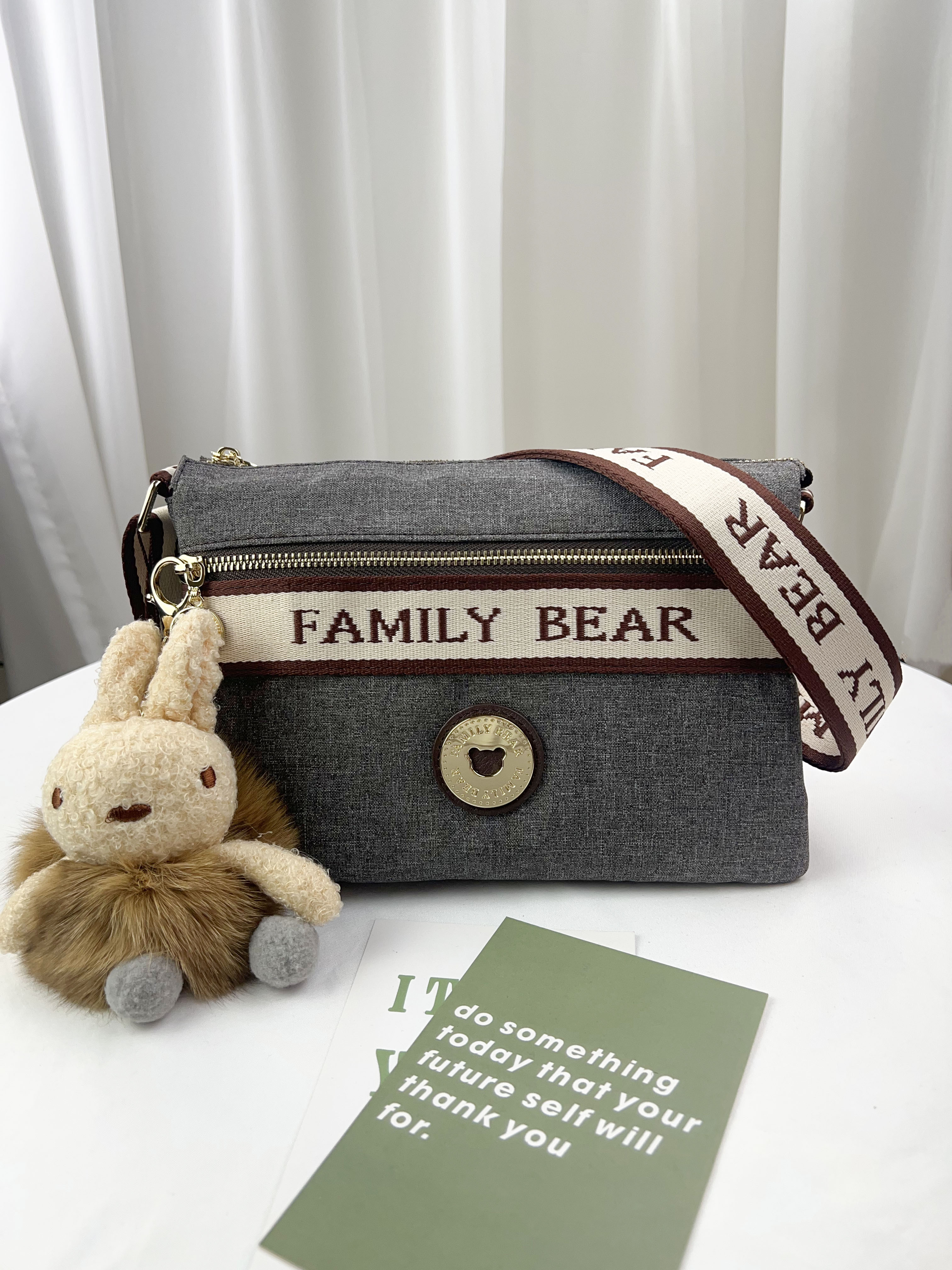 FamilyBear 織帶灰配咖防潑水肩背包 / 側背包 附兔兔吊飾  #2522