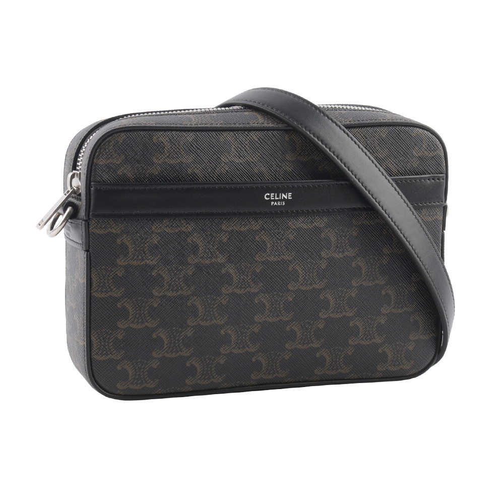 【CELINE】TRIOMPHE 塗層帆布及小牛皮拉鍊郵差包(黑色) 113942EVJ.38SI