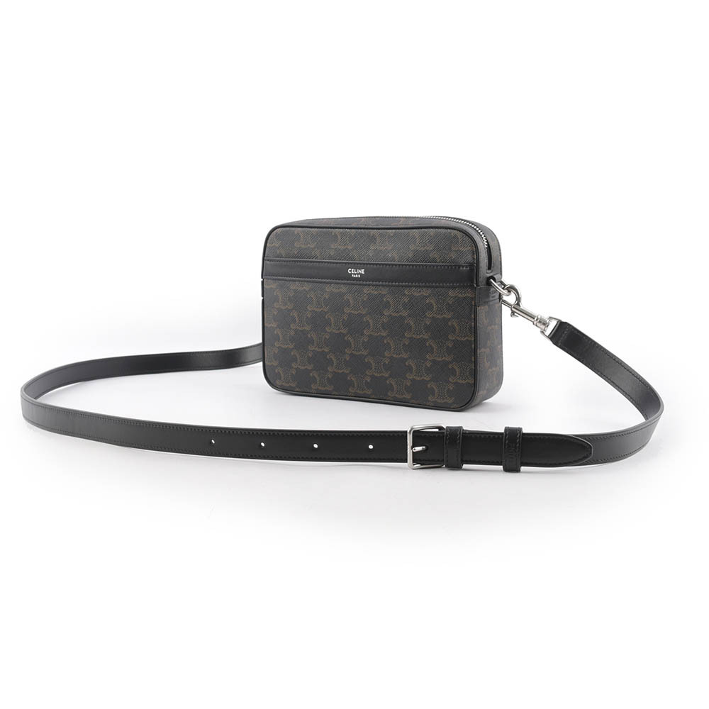 【CELINE】TRIOMPHE 塗層帆布及小牛皮拉鍊郵差包(黑色) 113942EVJ.38SI