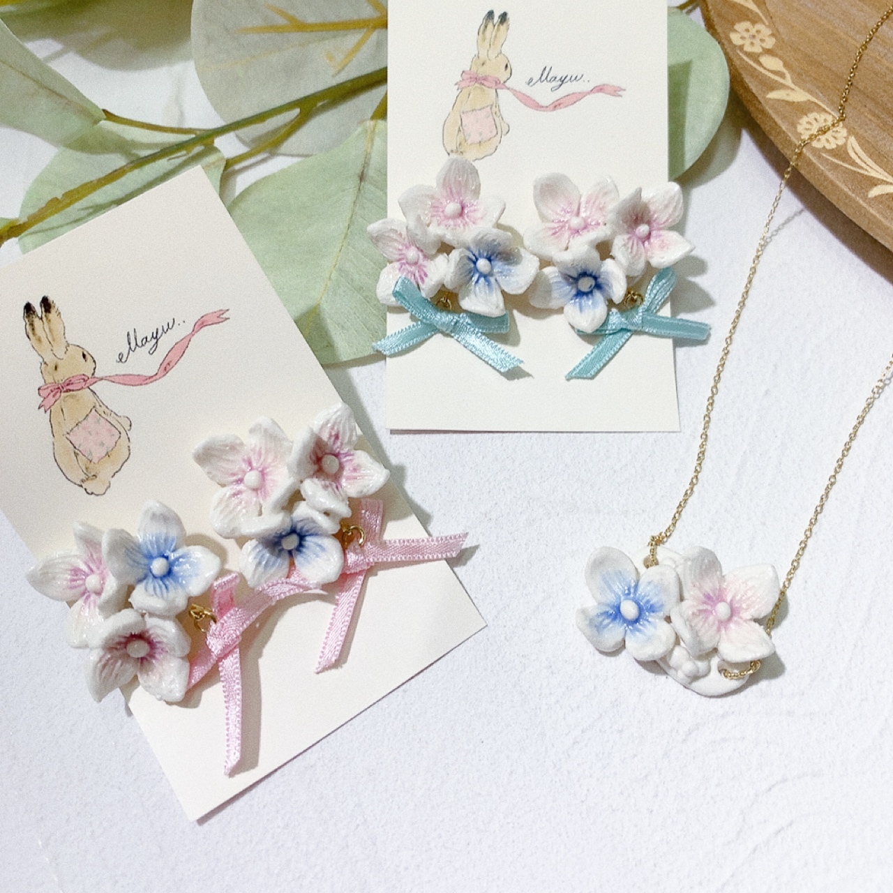 [手作家] 土陶瓷繡球花蝴蝶結耳環/頸鏈