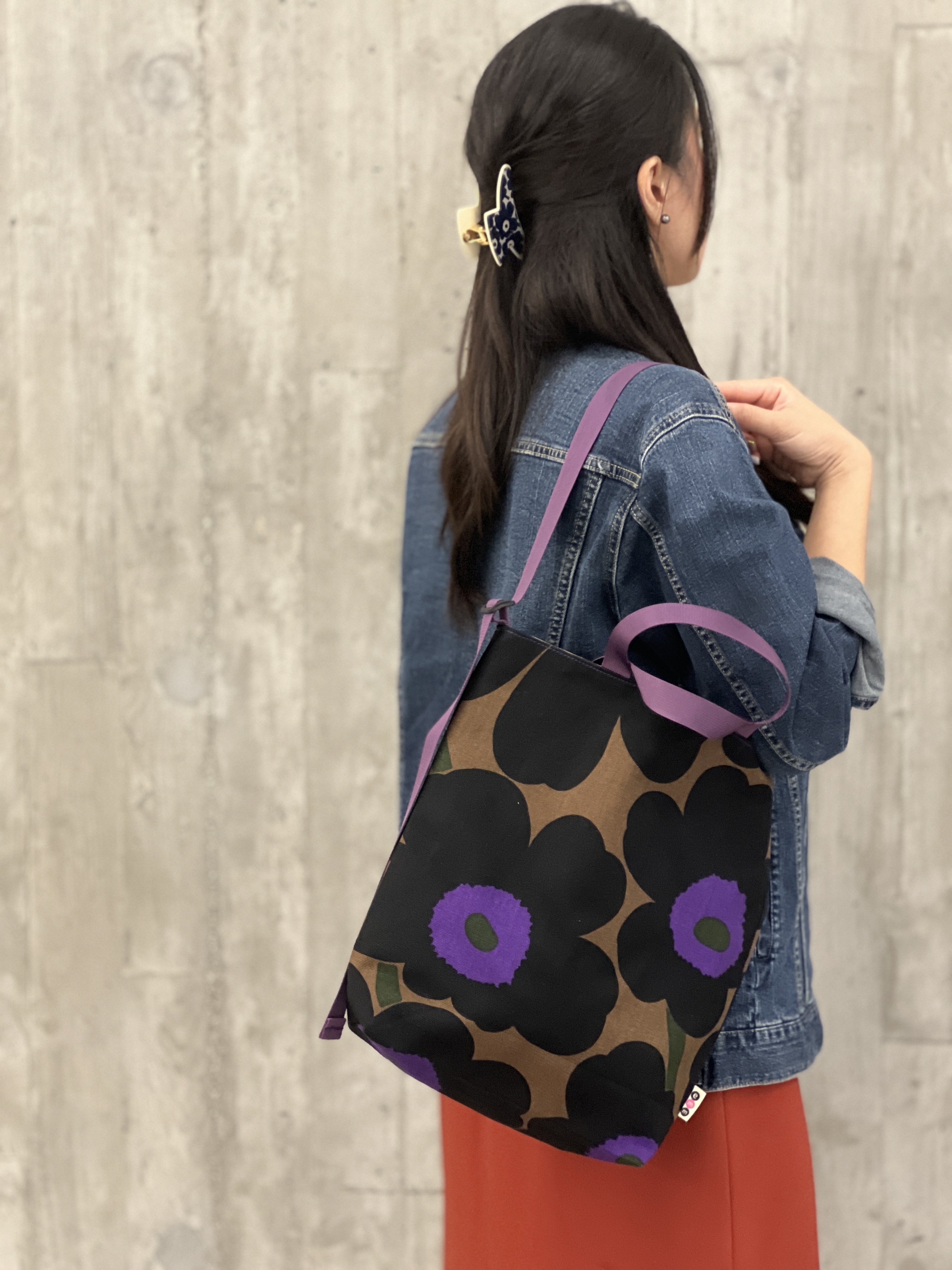 3 way easy tote | Marimekko canvas fabric | brown x purple （purple strap)