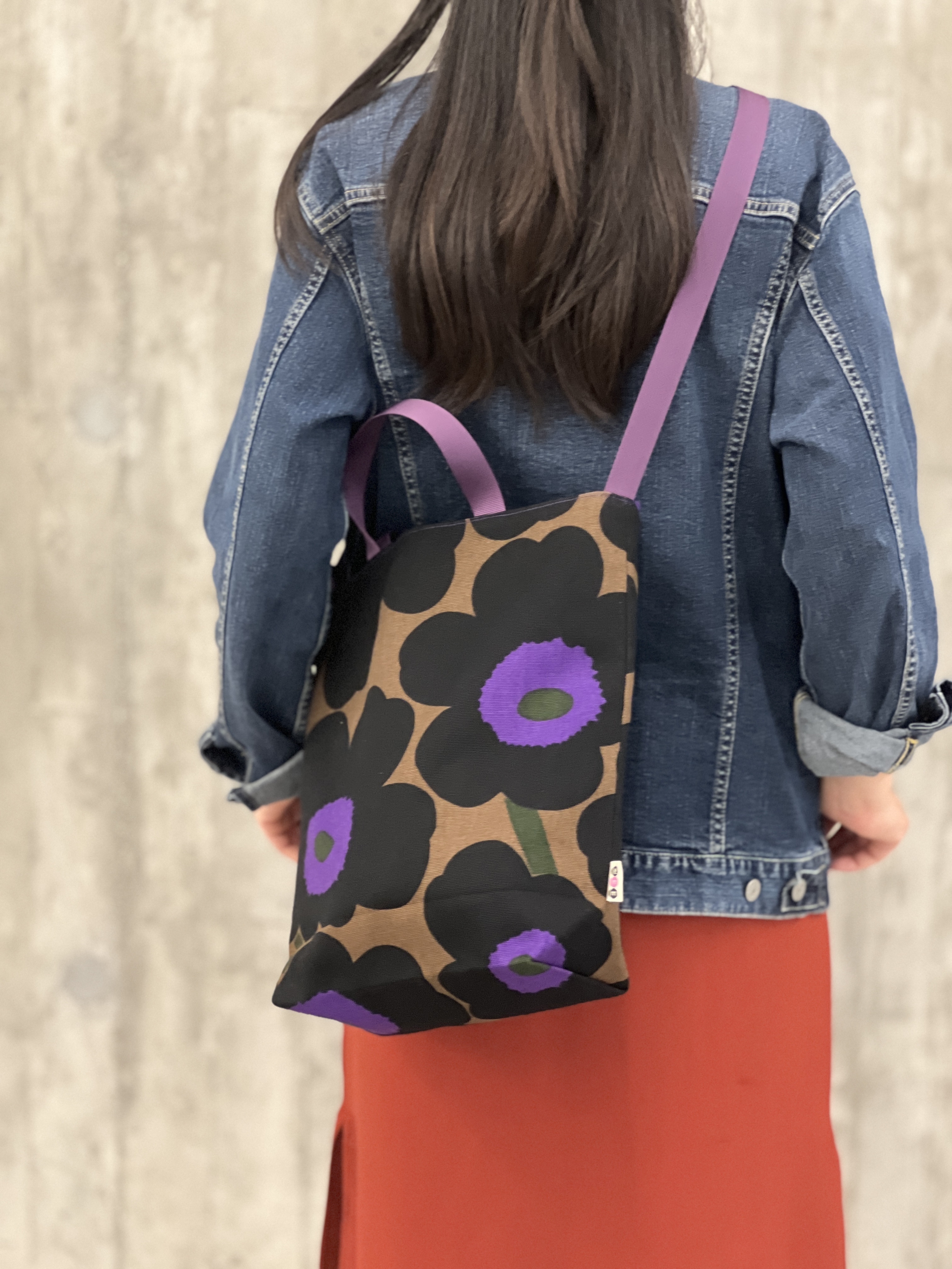 3 way easy tote | Marimekko canvas fabric | brown x purple （purple strap)