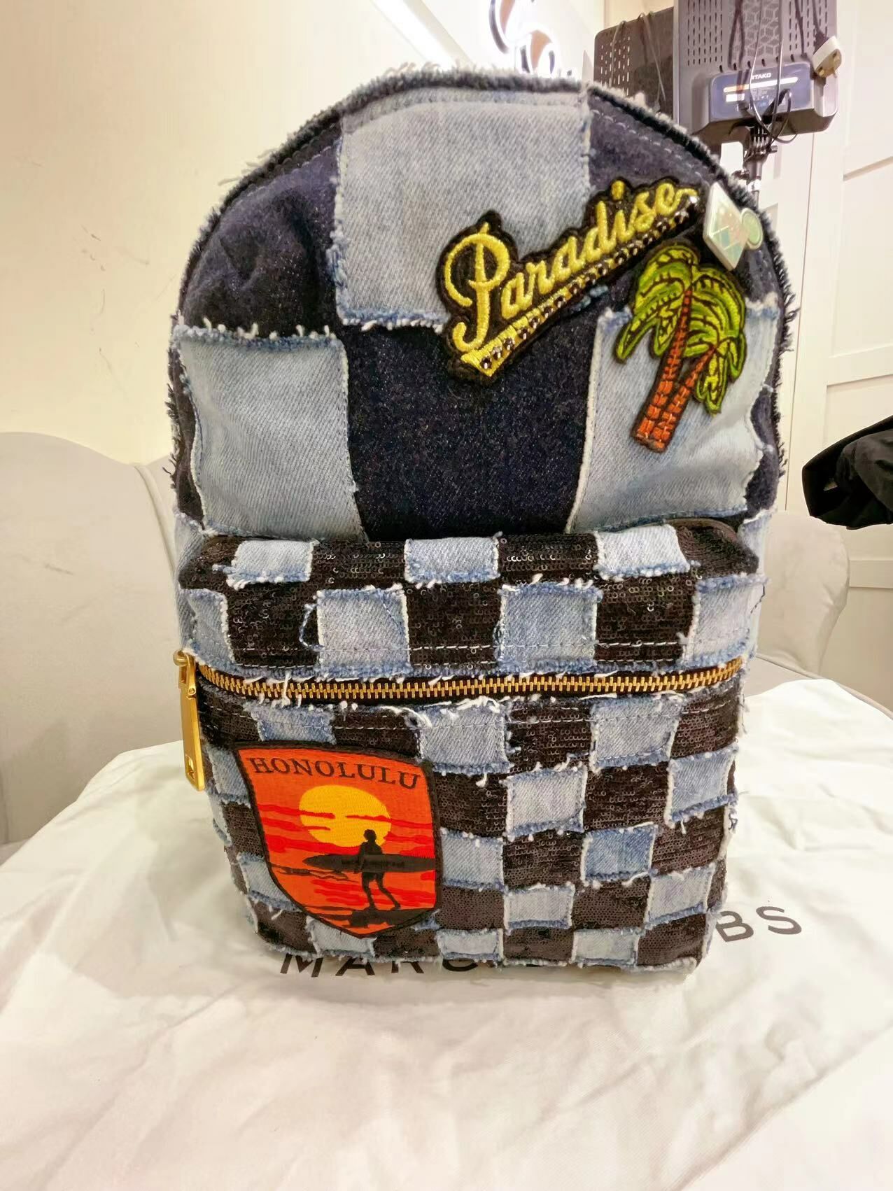 Marc Jacobs 牛仔布格紋雙肩包 -M