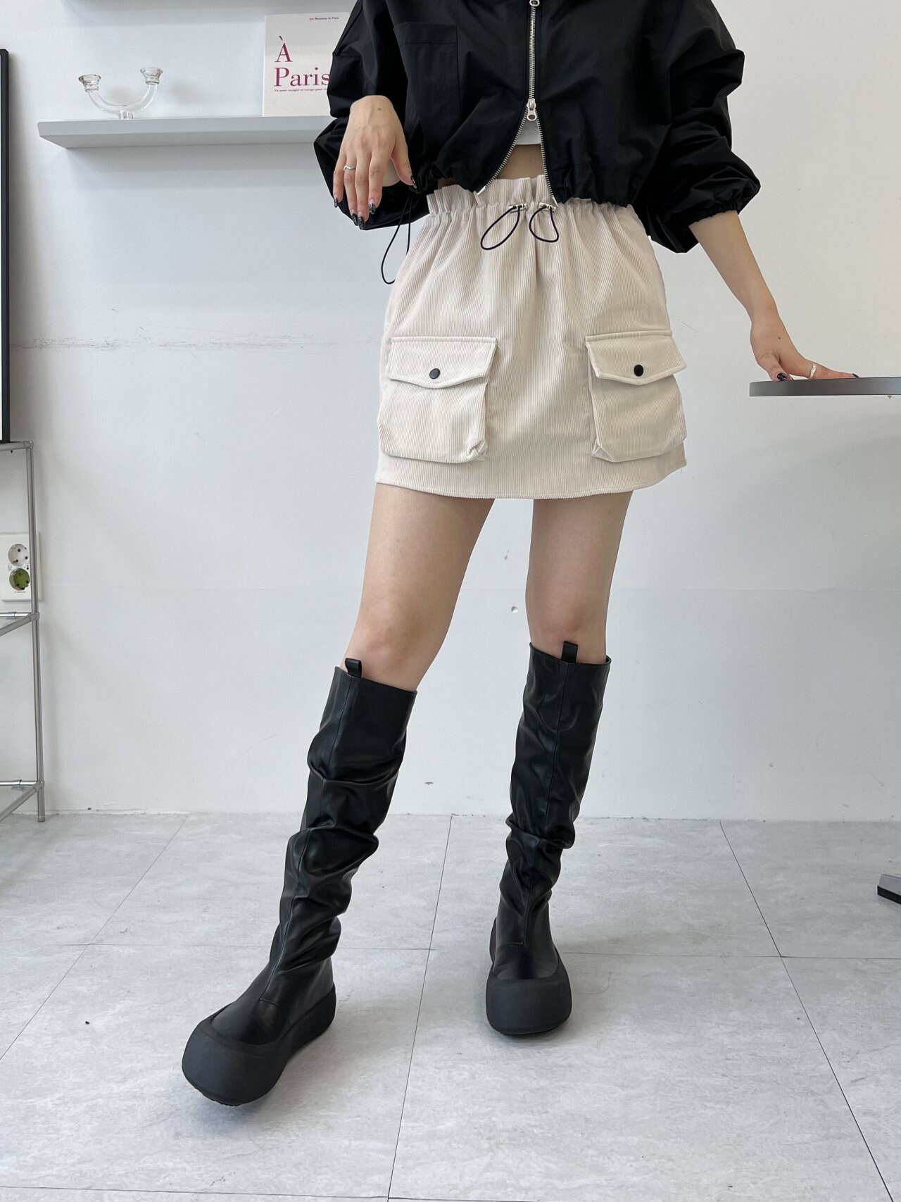 1083圓頭厚底抓褶長靴