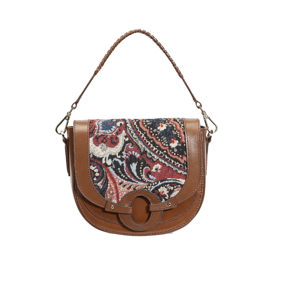 Varied百變換蓋真皮馬鞍包－金幣緹花（深棕）