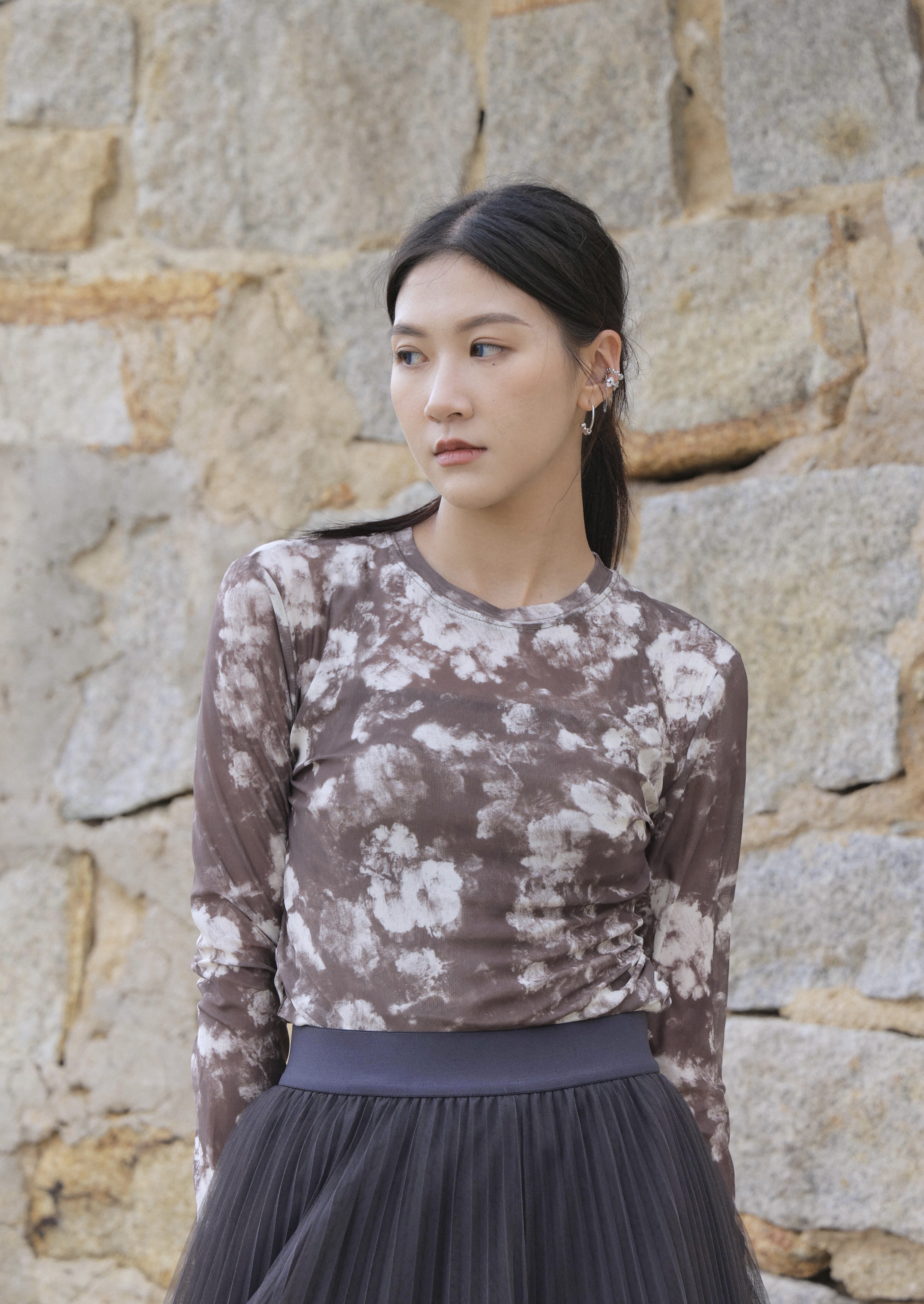 彈性印花網布長袖上衣（現貨款式）