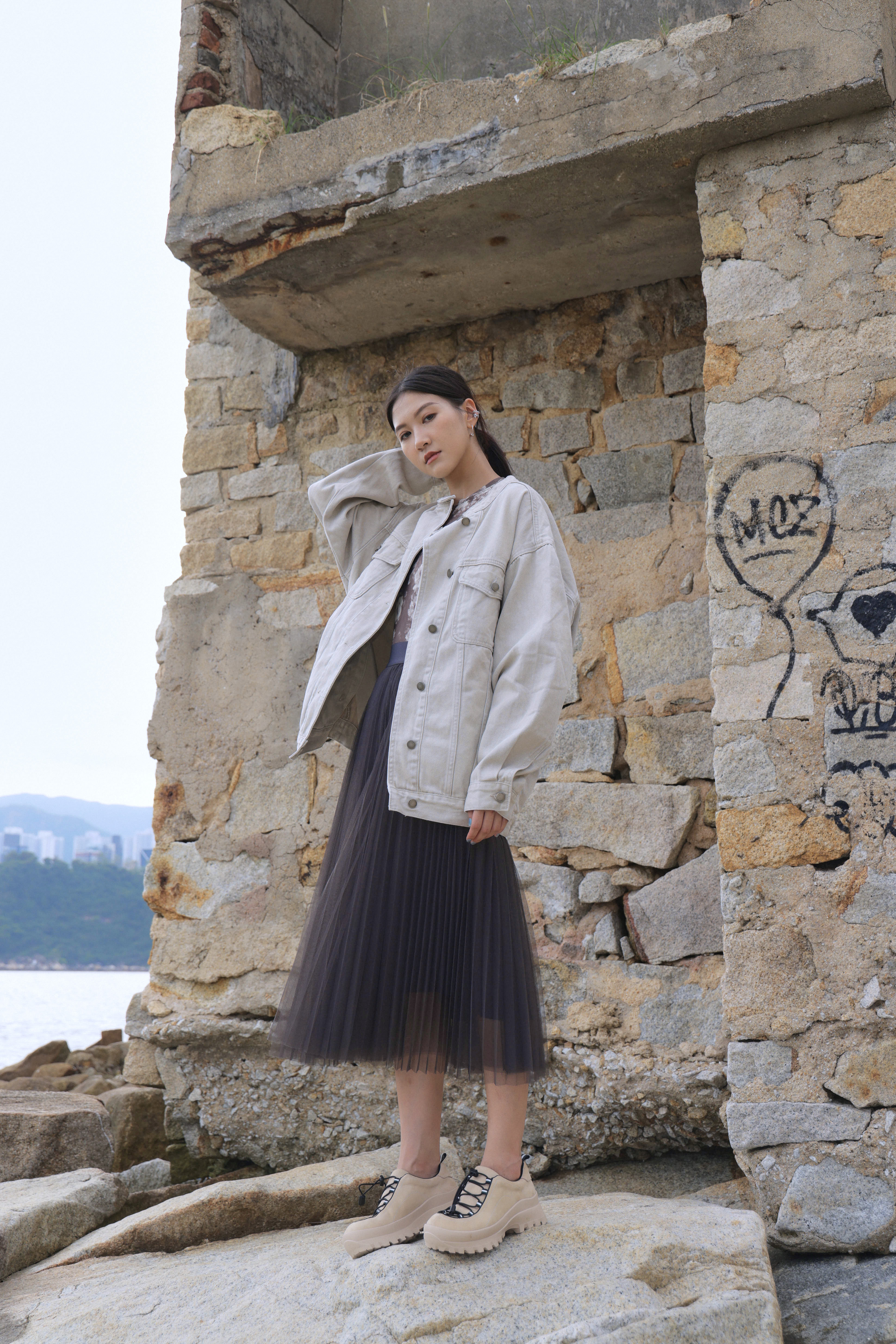 彈性印花網布長袖上衣（現貨款式）