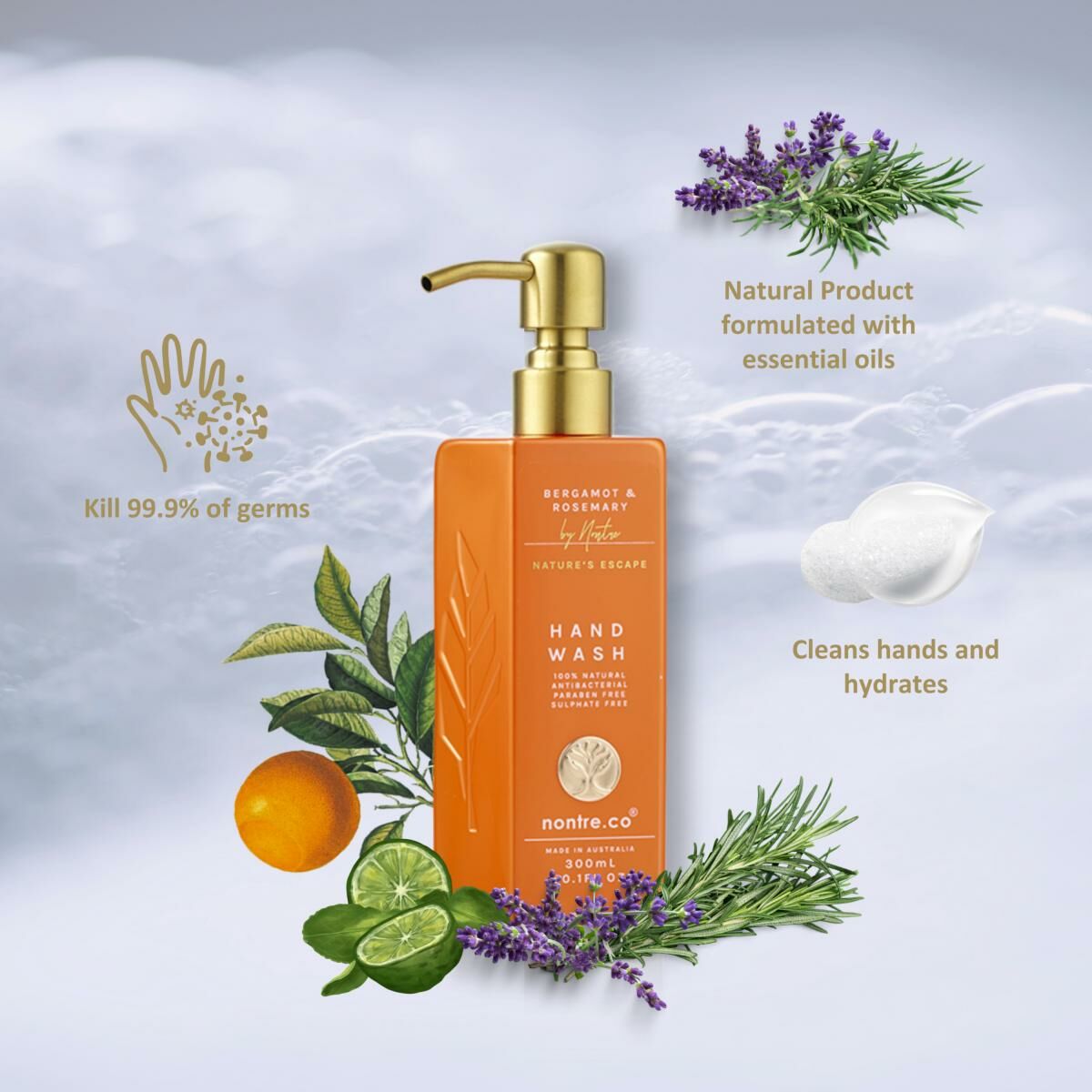 Nontre - 天然佛手柑迷迭香潔手液, 300 毫升