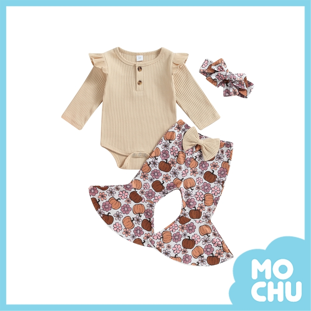 坑條長袖包屁衣+南瓜喇叭褲三件套(兩色)