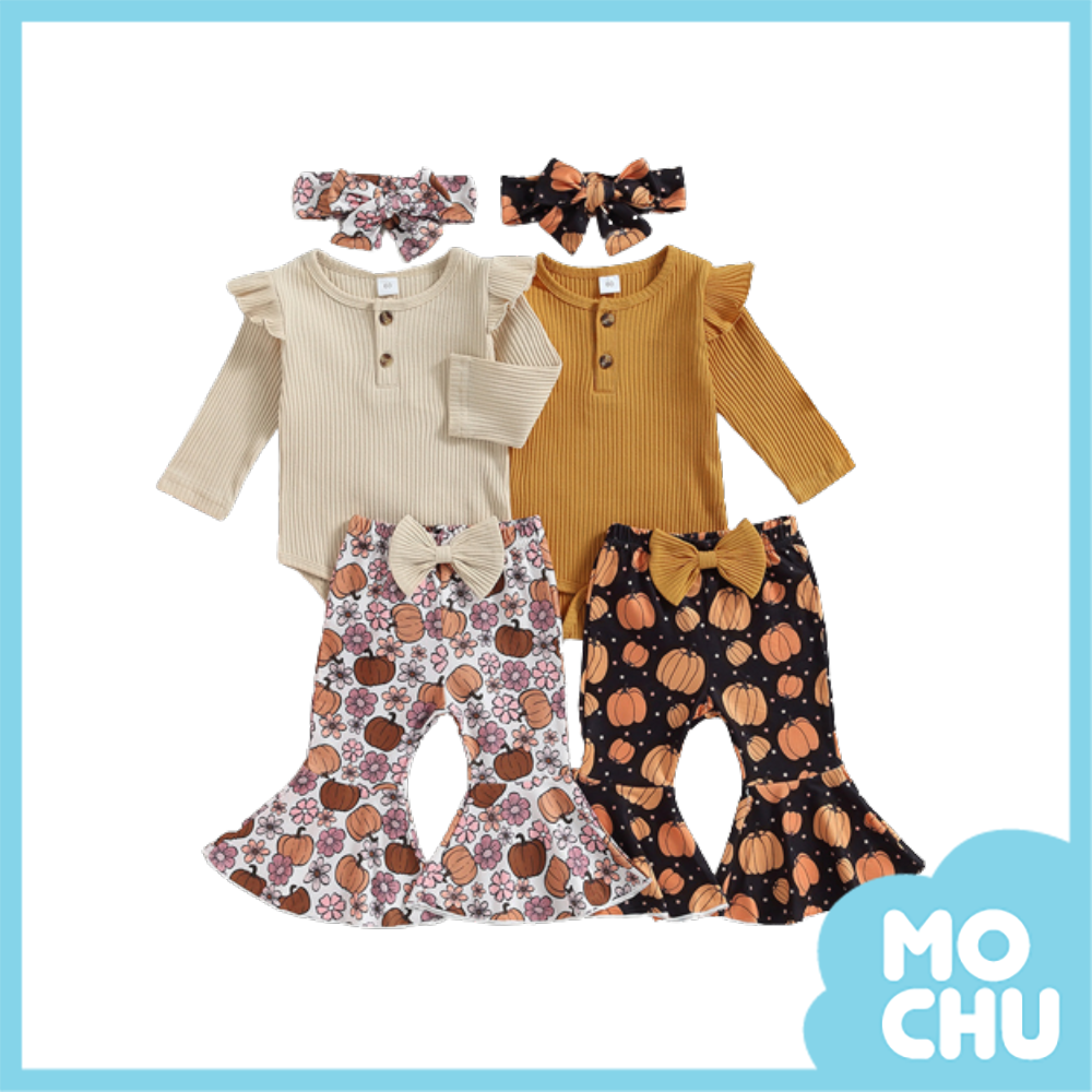 坑條長袖包屁衣+南瓜喇叭褲三件套(兩色)