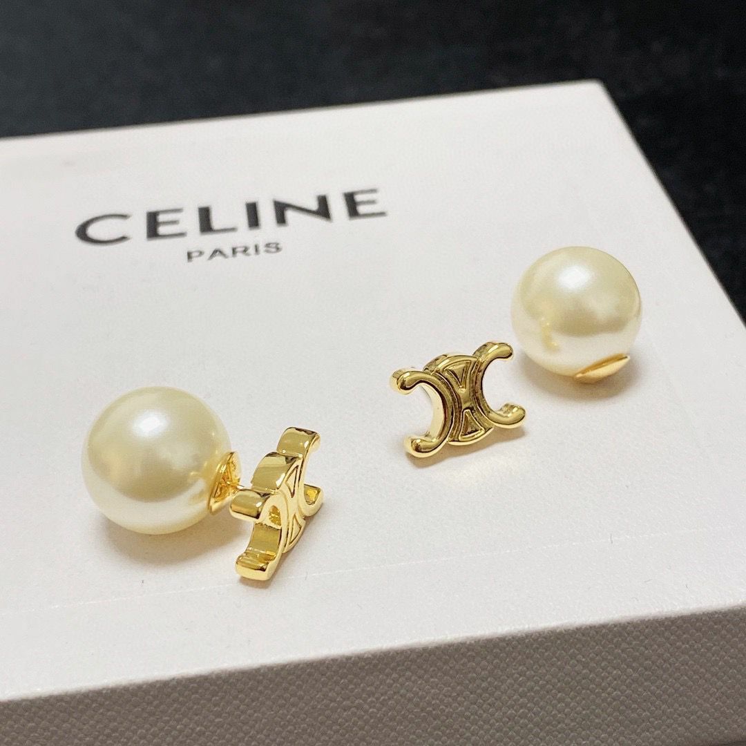 C .e l i n e 金色飾面黃銅及玻璃珠TRIOMPHE PEARL耳環