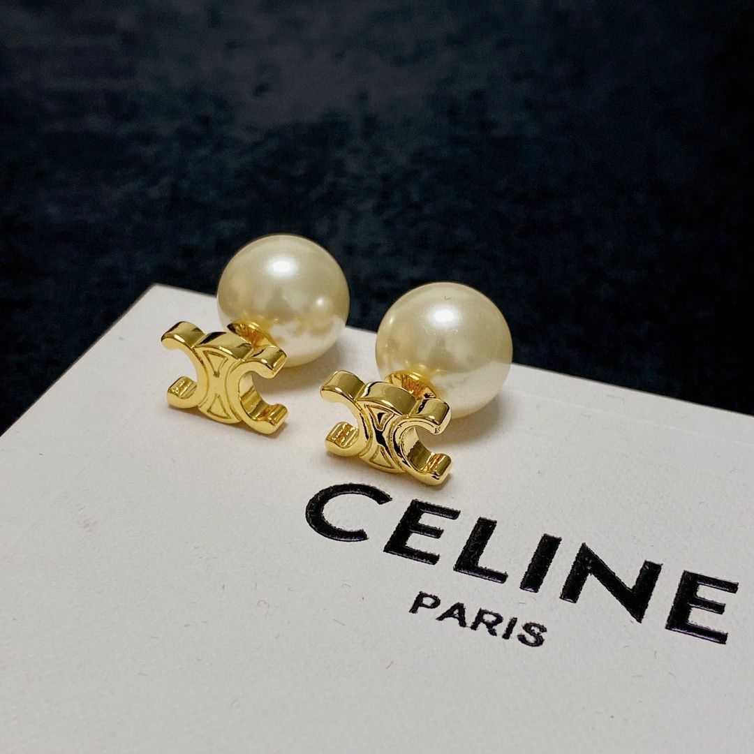 C .e l i n e 金色飾面黃銅及玻璃珠TRIOMPHE PEARL耳環