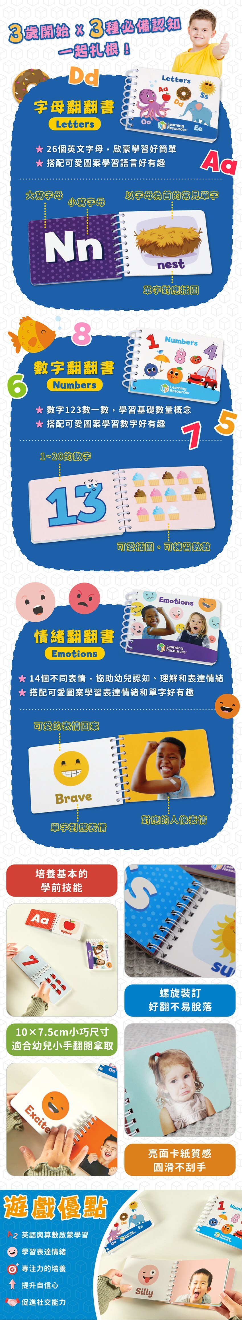 認識單字、數字與情緒,培養基本學習技能,尺寸方便小手翻閱。