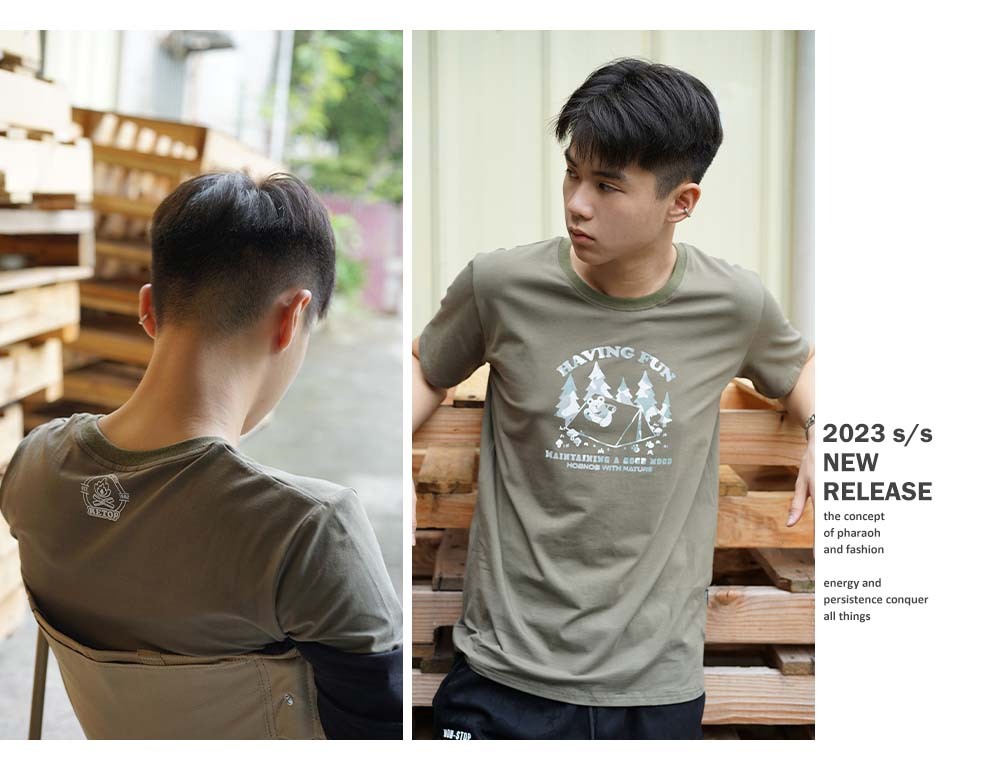 RETOP 萊卡系列 秘林郊遊熊涼感萊卡圓領T 軍綠