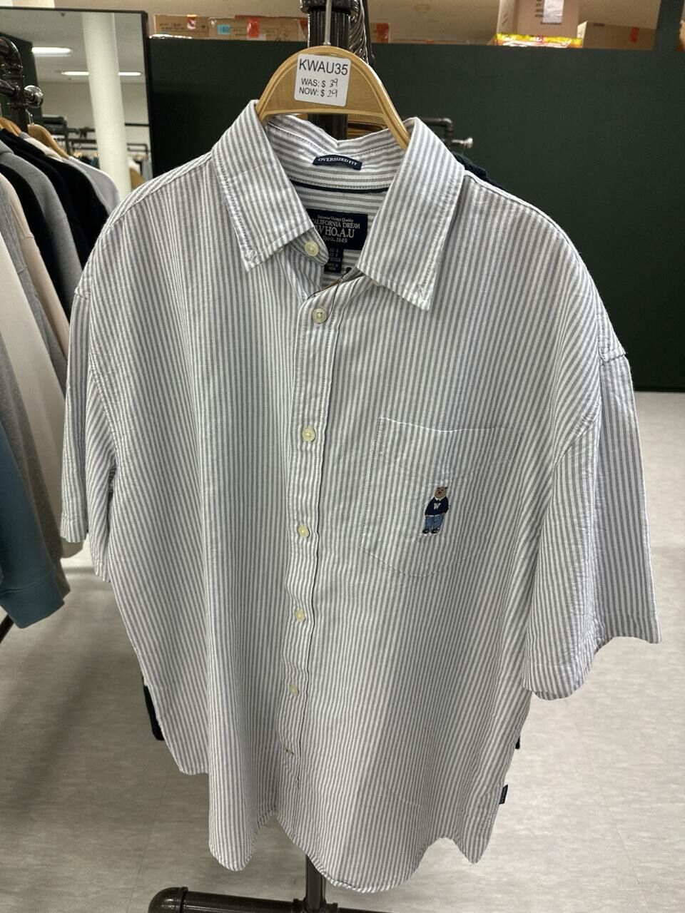 [K] WHO.A.U STEVE BOY FIT STRIPED SHORT SLEEVE SHIRT,GRAY, WHYSD2402U-GRAY (KWAU35)