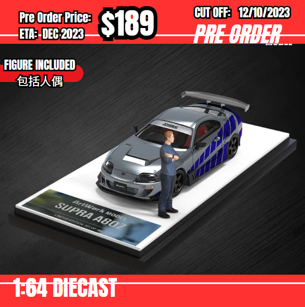 PO-$189 * Time Micro * 1:64 Toyota Supra A80 F&F Silver Blue w/figure [OD04/10]