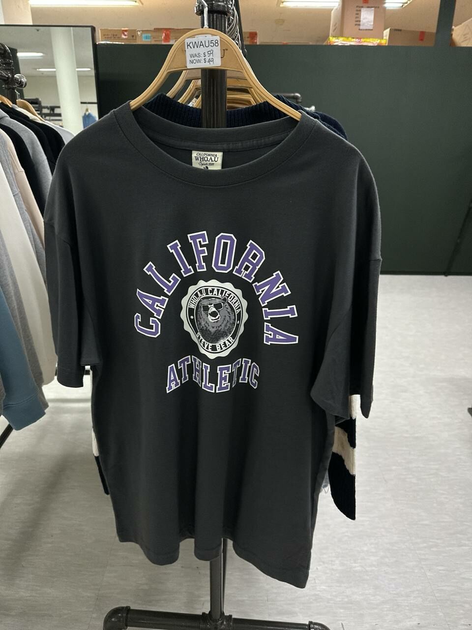 [K] WHO.A.U CALIFORNIA ATHLETIC PRINT T-SHIRT,CHARCOAL, WHRPD4991U-CHARCOAL (KWAU58)