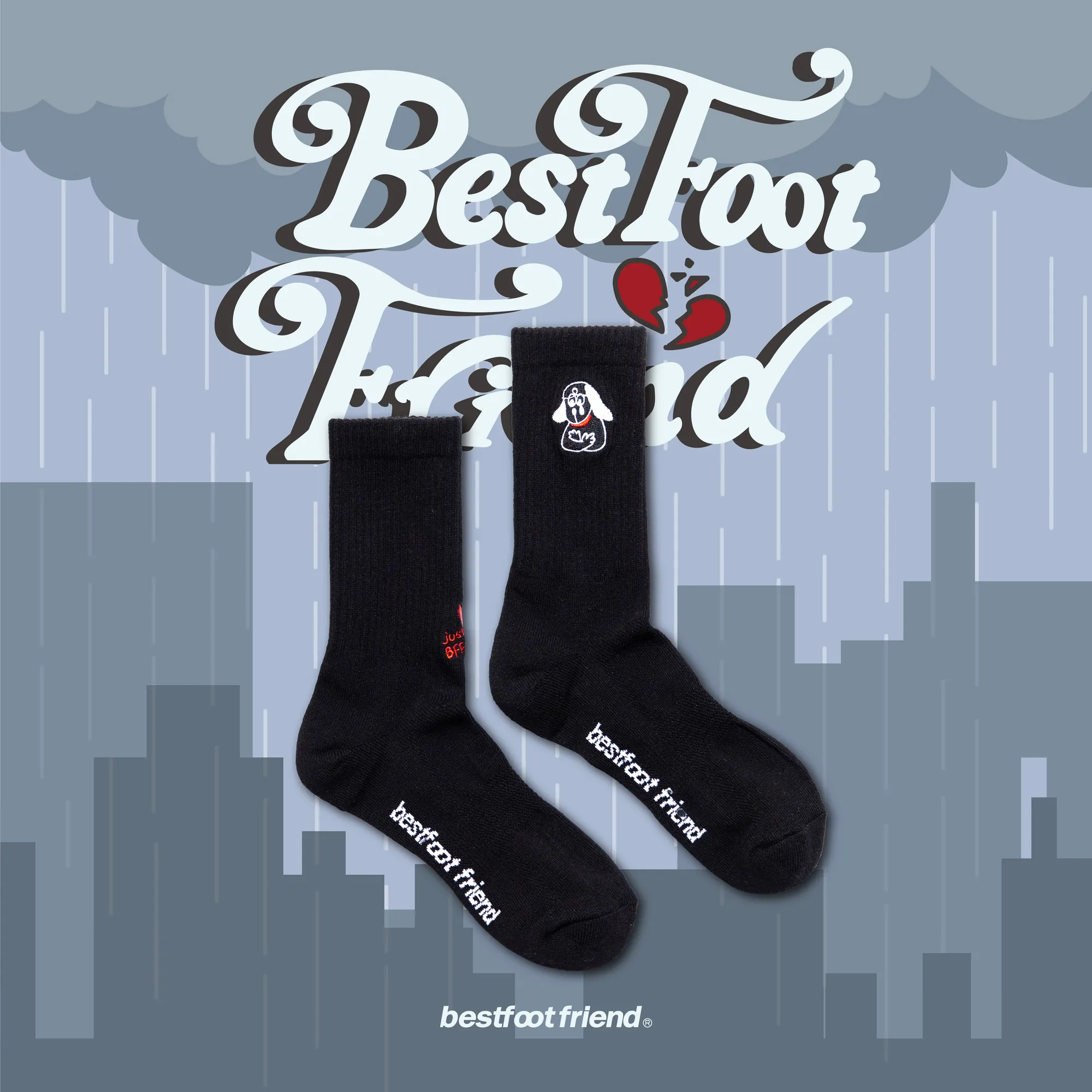 Best Foot Friend BFF Heartbroken Dog 電繡 狗 長襪 黑 白