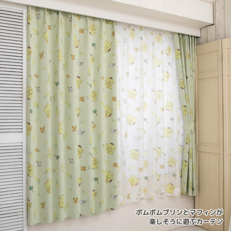 22048-PN Sanrio 布甸狗2-3級遮光窗簾 + 窗紗 - 小黃花 (一套4塊) #JP-BD22-SB-608-S/SB-609-S