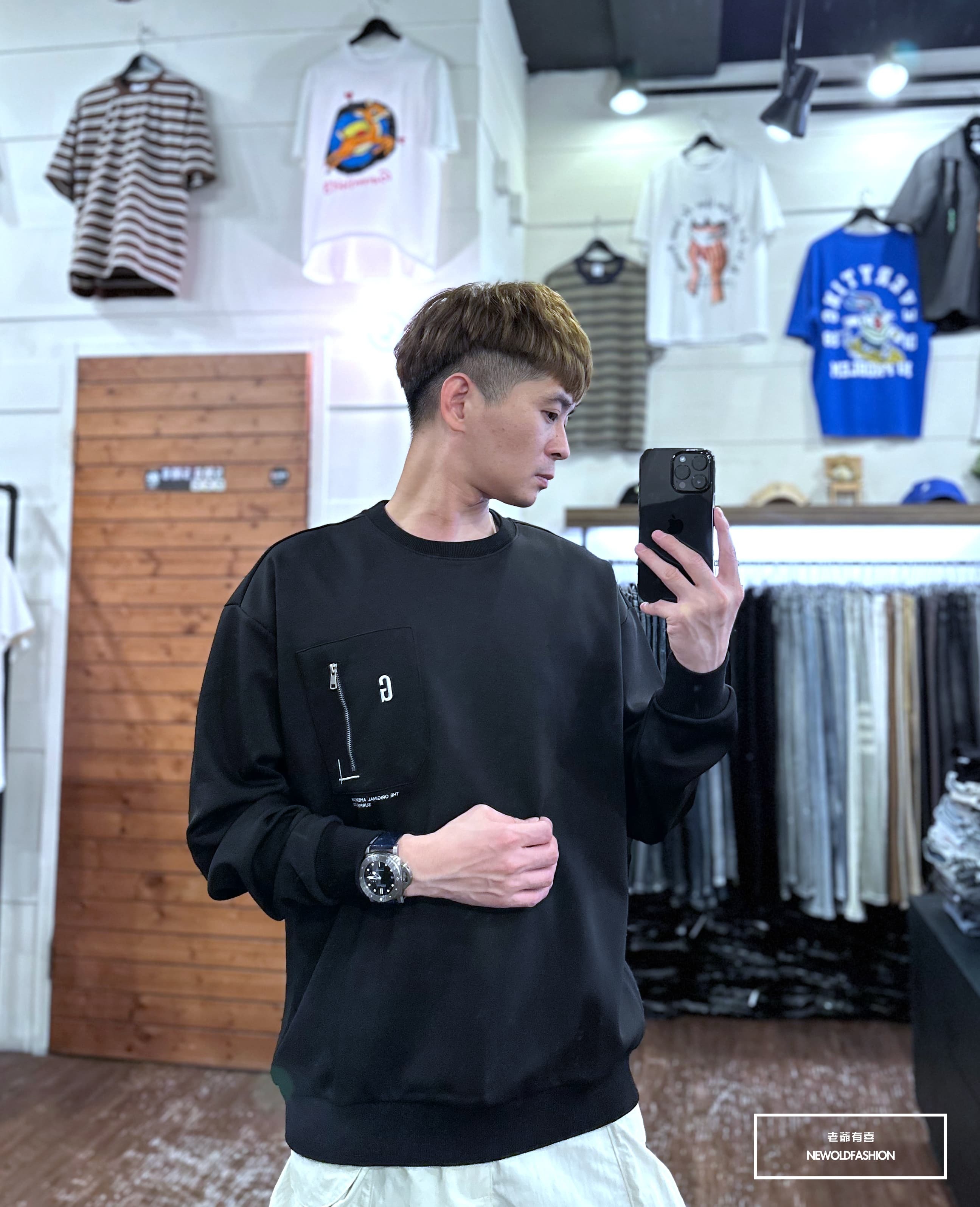 『新品上市』重磅G刺繡拉鍊口袋大學T-黑(NOF2309B5531)