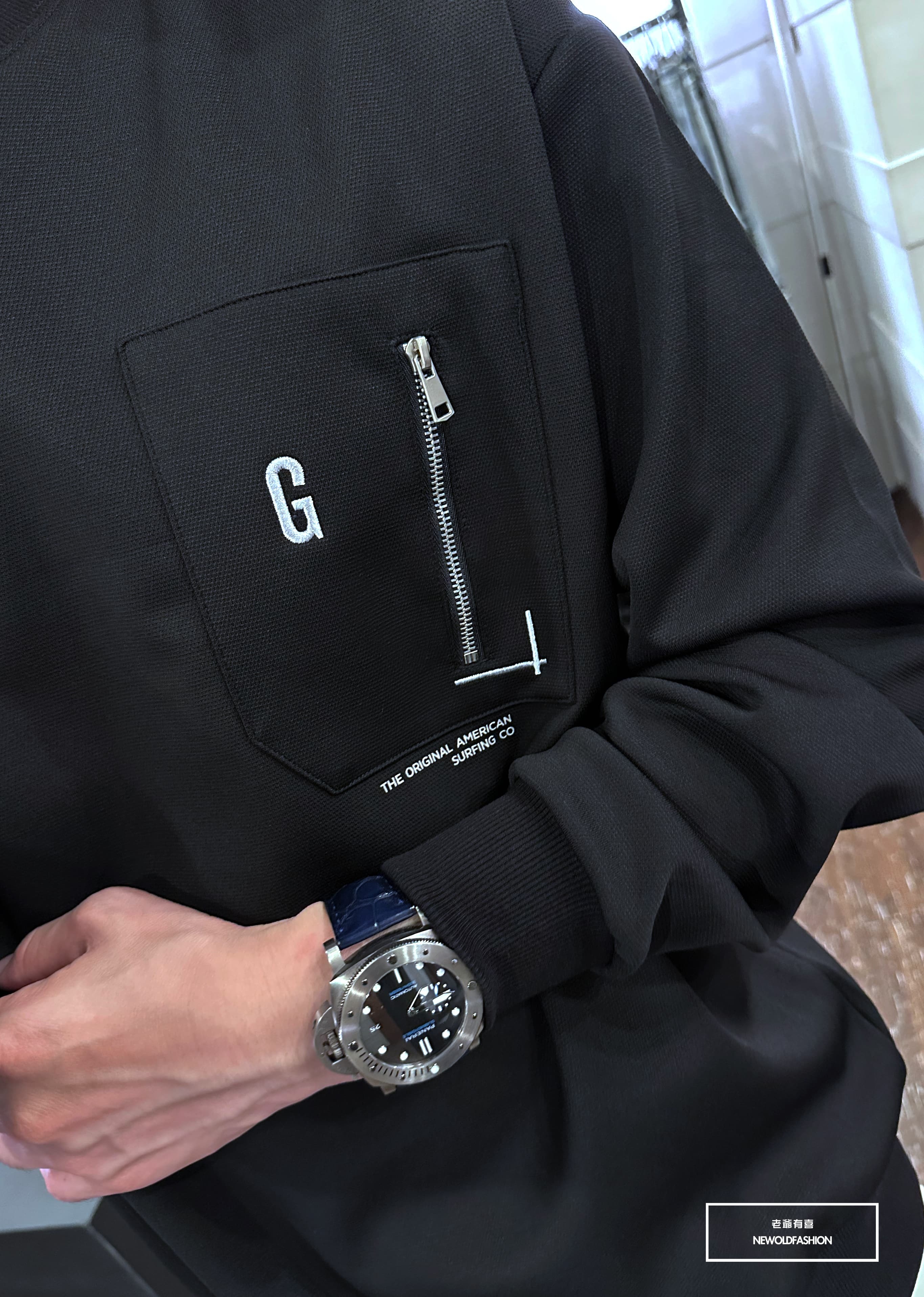 『新品上市』重磅G刺繡拉鍊口袋大學T-黑(NOF2309B5531)