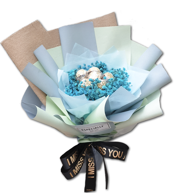 7朵金莎滿天星花束,藍色包裝,桃園花店,桃園幸福禮物婚禮小物,桃園婚禮小物