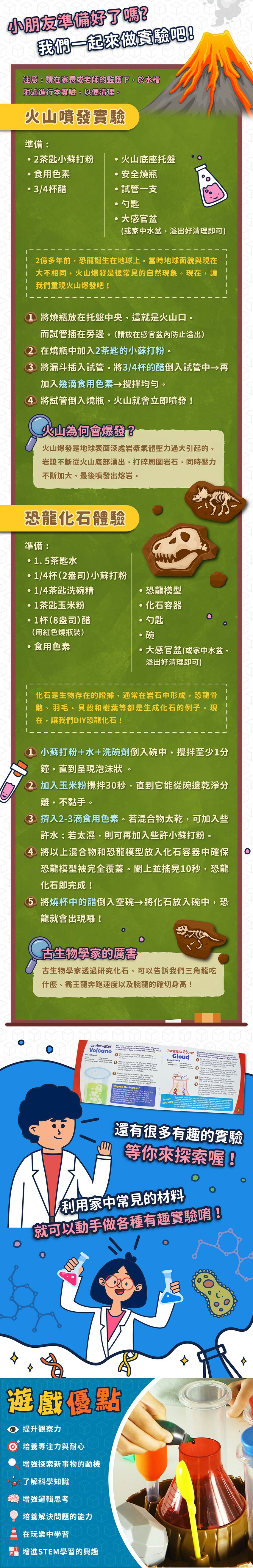 火山噴發實驗:1.將燒瓶放在托盤中央,這就是火山口。而試管插在旁邊。(請放在感官盆內防止溢出)2.在燒瓶中加入2茶匙的小蘇打粉。3.將漏斗插入試管。將3/4杯的醋倒入試管中,再加入幾滴食用色素,攪拌均勻。4.將試管倒入燒瓶,火山就會立即噴發!恐龍化石體驗:1.將小蘇打粉+水+洗碗劑倒入碗中,攪拌至少1分鐘,直到呈現泡沫狀。2.加入玉米粉攪拌30秒,直到它能從碗邊乾淨分離,不黏手。3.擠入2-3滴食用色素。若混合物太乾,可加入些許水;若太濕,則可再加入些許小蘇打粉。4.將以上混合物和恐龍模型放入化石容器中確保恐龍模型被完全覆蓋。關上並搖10秒,恐龍化石即完成!5.將燒杯中的醋倒入空碗將化石放入碗中,恐龍就會出現囉!