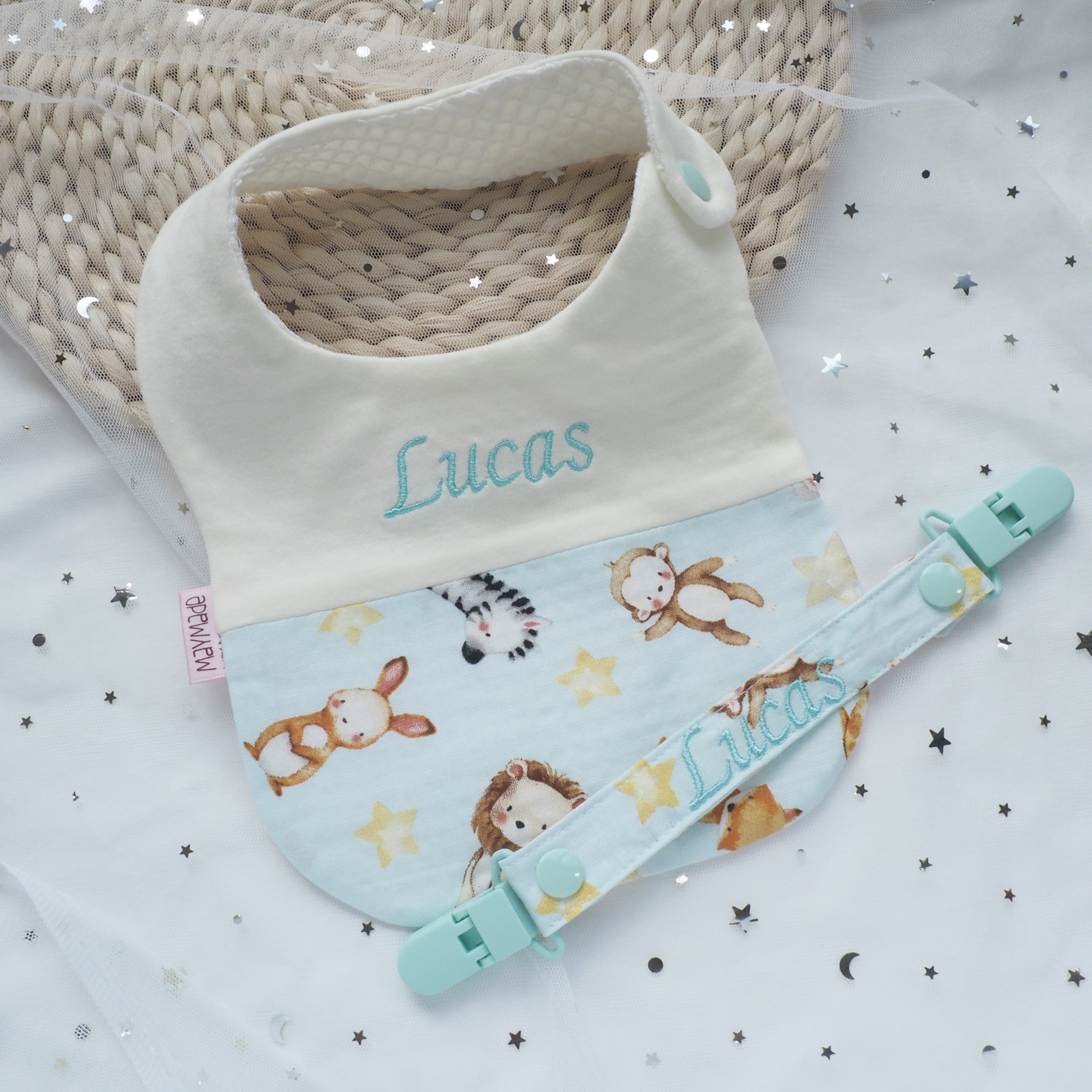 限量動物圖案 拼布款繡名口水肩