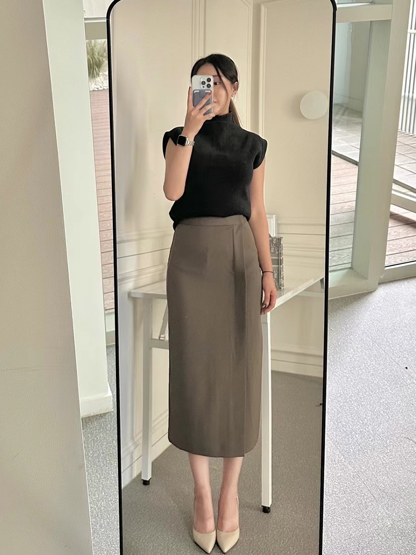 [現貨] 側開衩直筒長裙 [棕色 / S ]