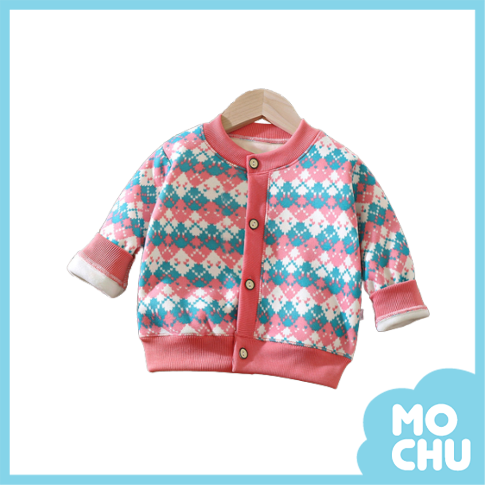 粉藍格加絨保暖鈕扣開衫
