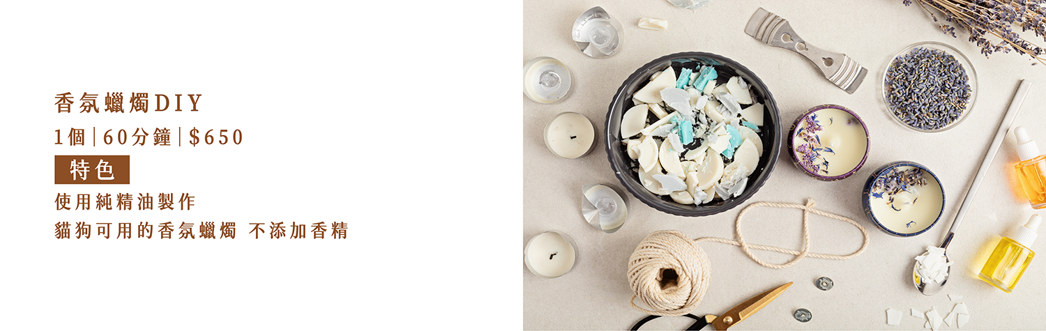 香氛蠟燭DIY 1 個｜60分鐘｜＄650  特色：使用純精油製作貓狗可用的香氛蠟燭，不添加香精