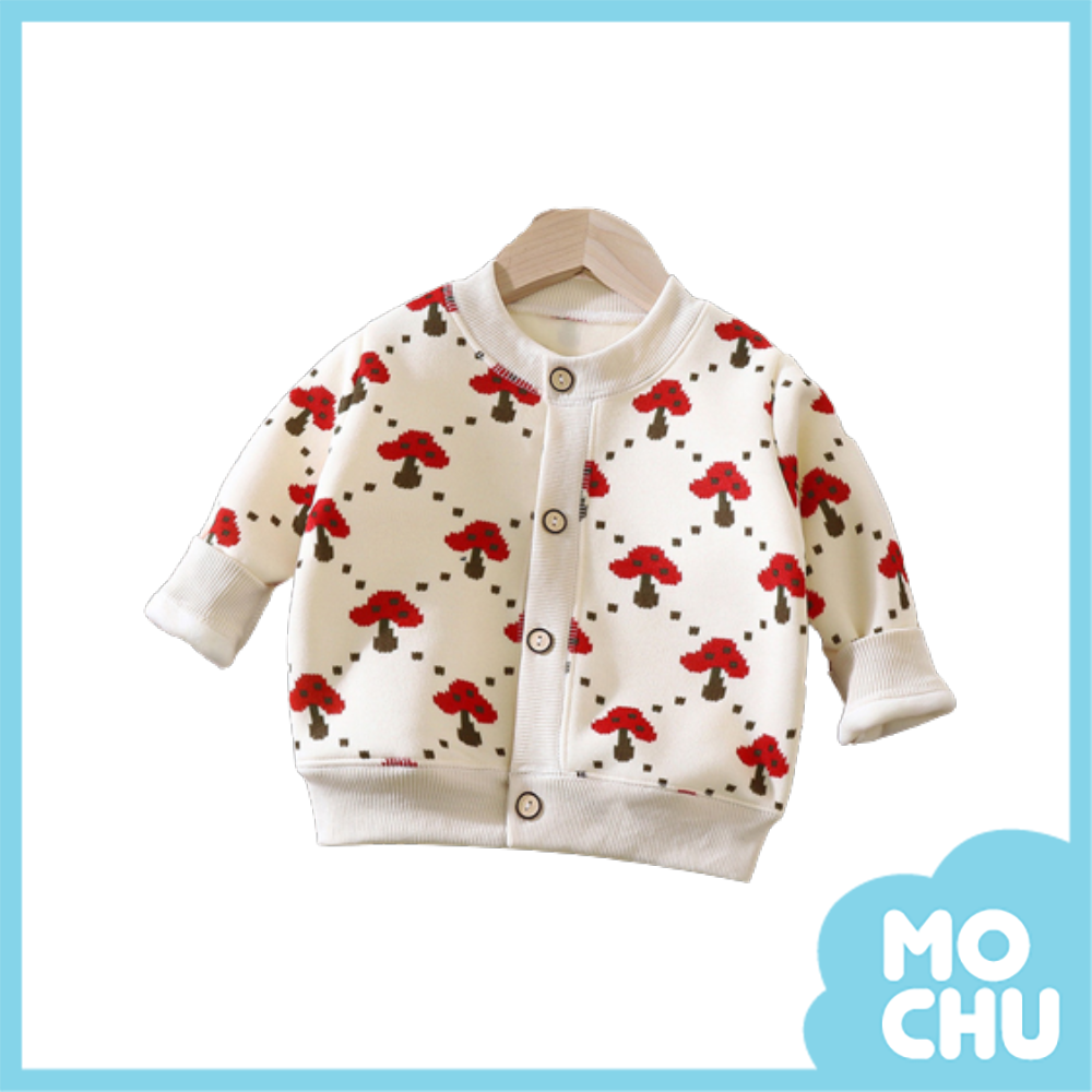 紅蘑菇加絨保暖鈕扣開衫