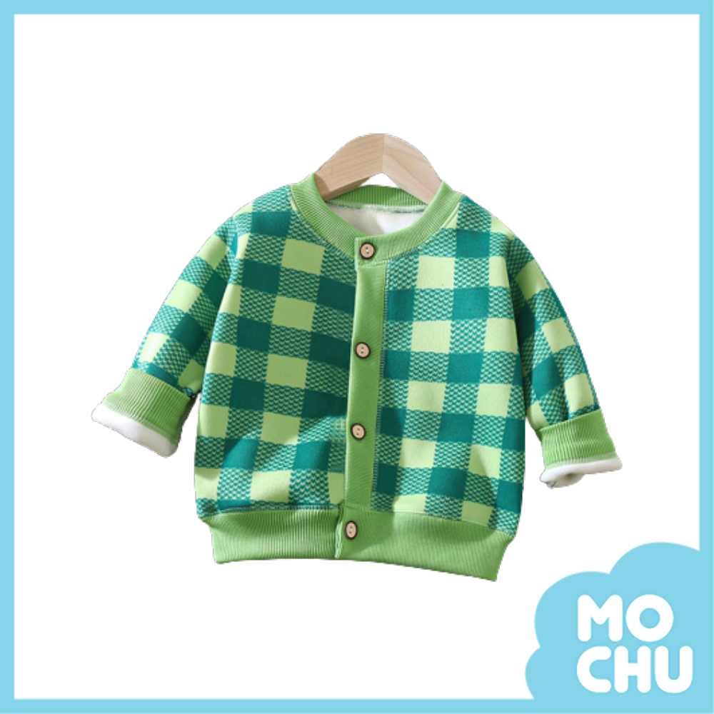 高雅綠方格加絨保暖鈕扣開衫