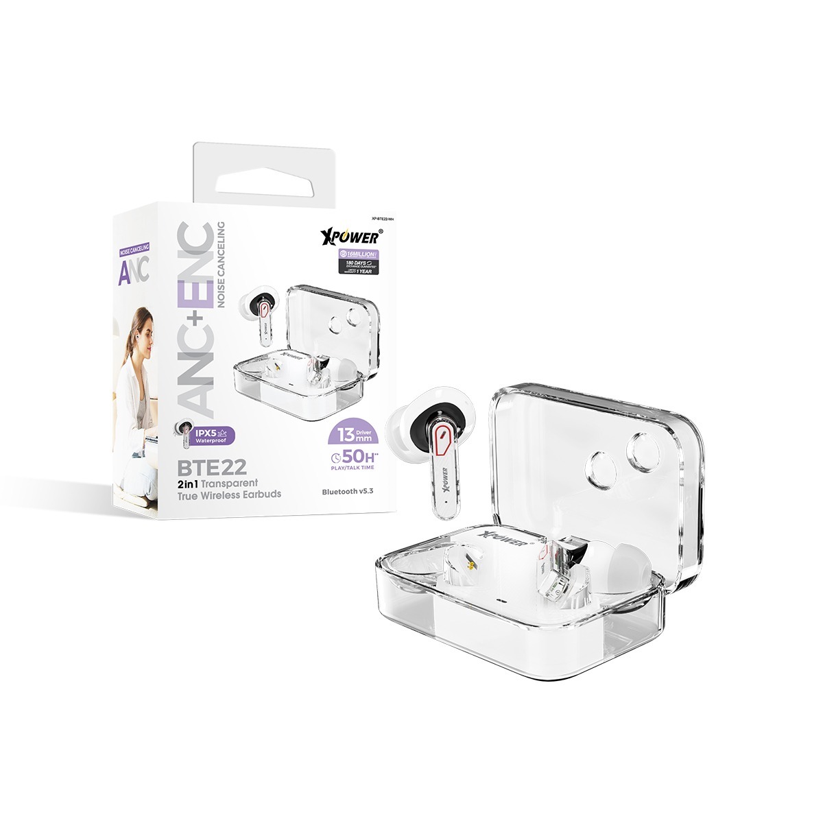 XPower BTE22 ANC+ENC雙重降噪 型格透明藍牙5.3藍牙耳機