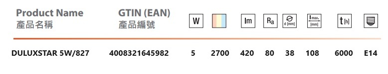 歐司朗 DSTAR5/827/E14 OSRAM DULUX STAR 5W E14 827 2700K 節能燈