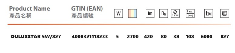 歐司朗 DSTAR5/827/E27 OSRAM DULUX STAR 5W E27 827 2700K 節能燈