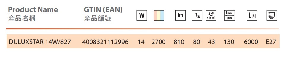 歐司朗 DSTAR14/827/E27 OSRAM DULUX STAR 14W E27 827 2700K 節能燈