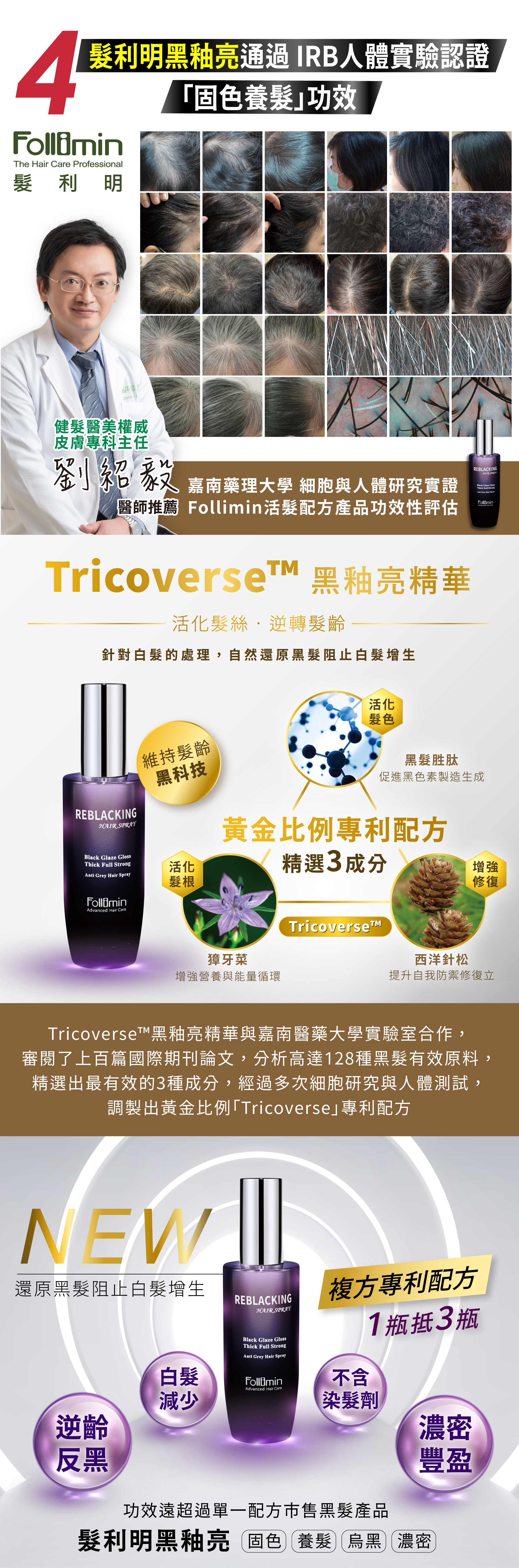 Follimin髮利明黑釉亮髮根賦活噴劑 通過IRB人體實驗認證「固色養髮」功效