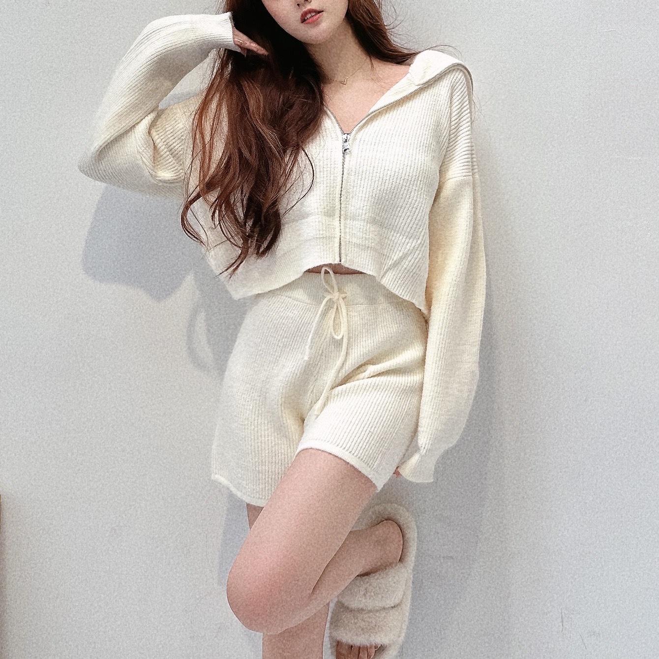 大翻領粗針織短褲套裝/二色