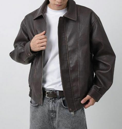 仿舊恤衫領合成皮褸 Lowell-010JK