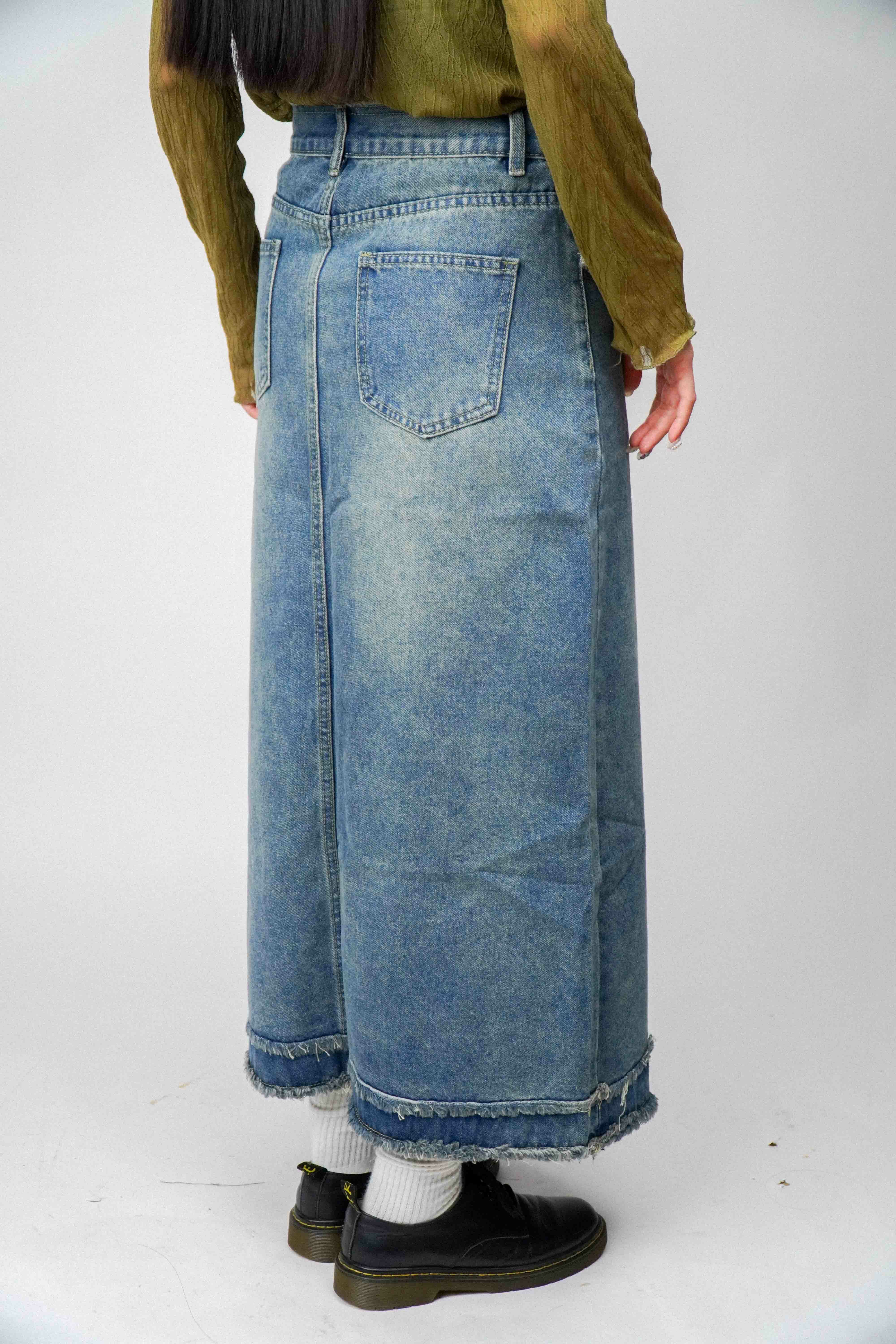 『Always_Good』復古 高腰 毛邊 牛仔裙