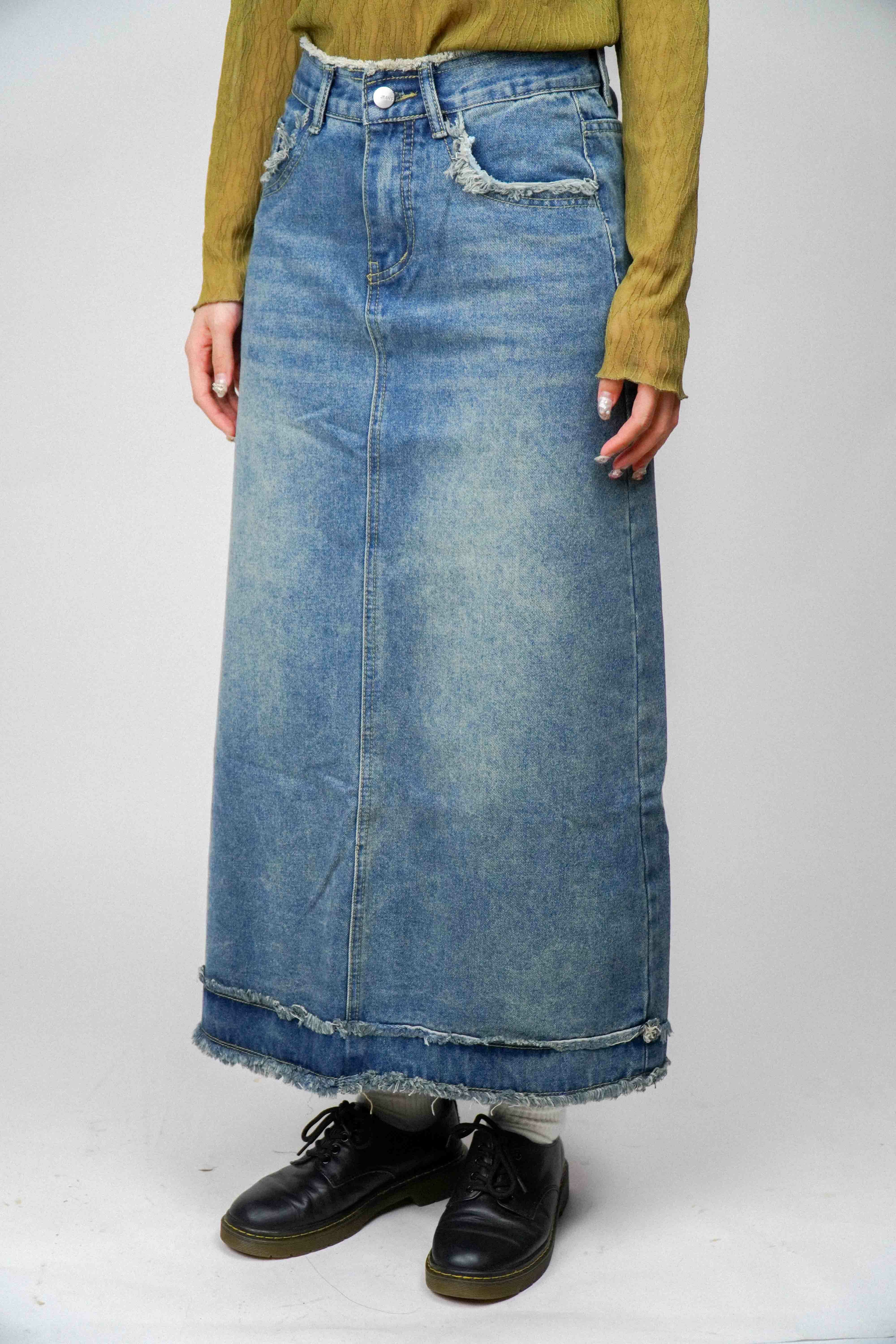 『Always_Good』復古 高腰 毛邊 牛仔裙