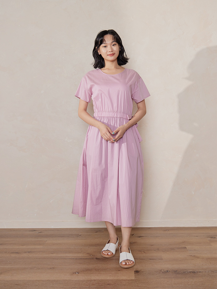 黑子長帶縮腰洋裝-花粉