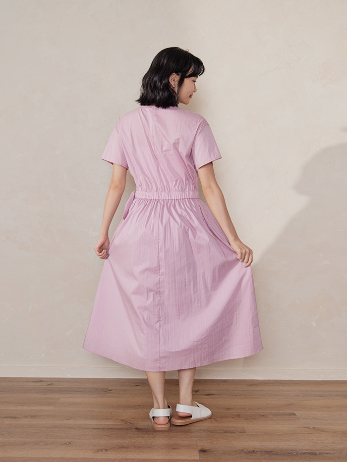 黑子長帶縮腰洋裝-花粉