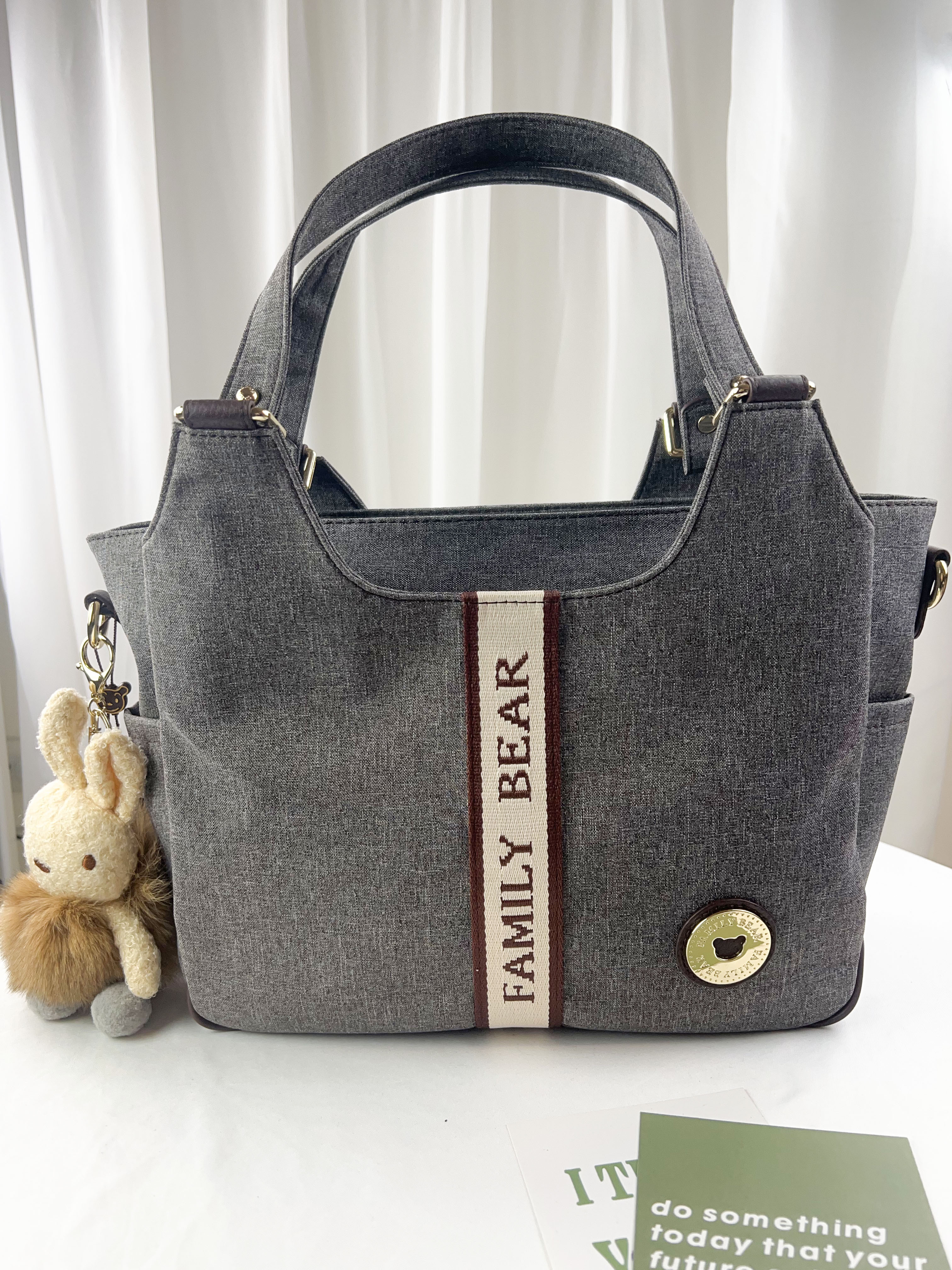 FamilyBear 織帶灰配咖防潑水手提包 / 側背包 附兔兔吊飾  #2756