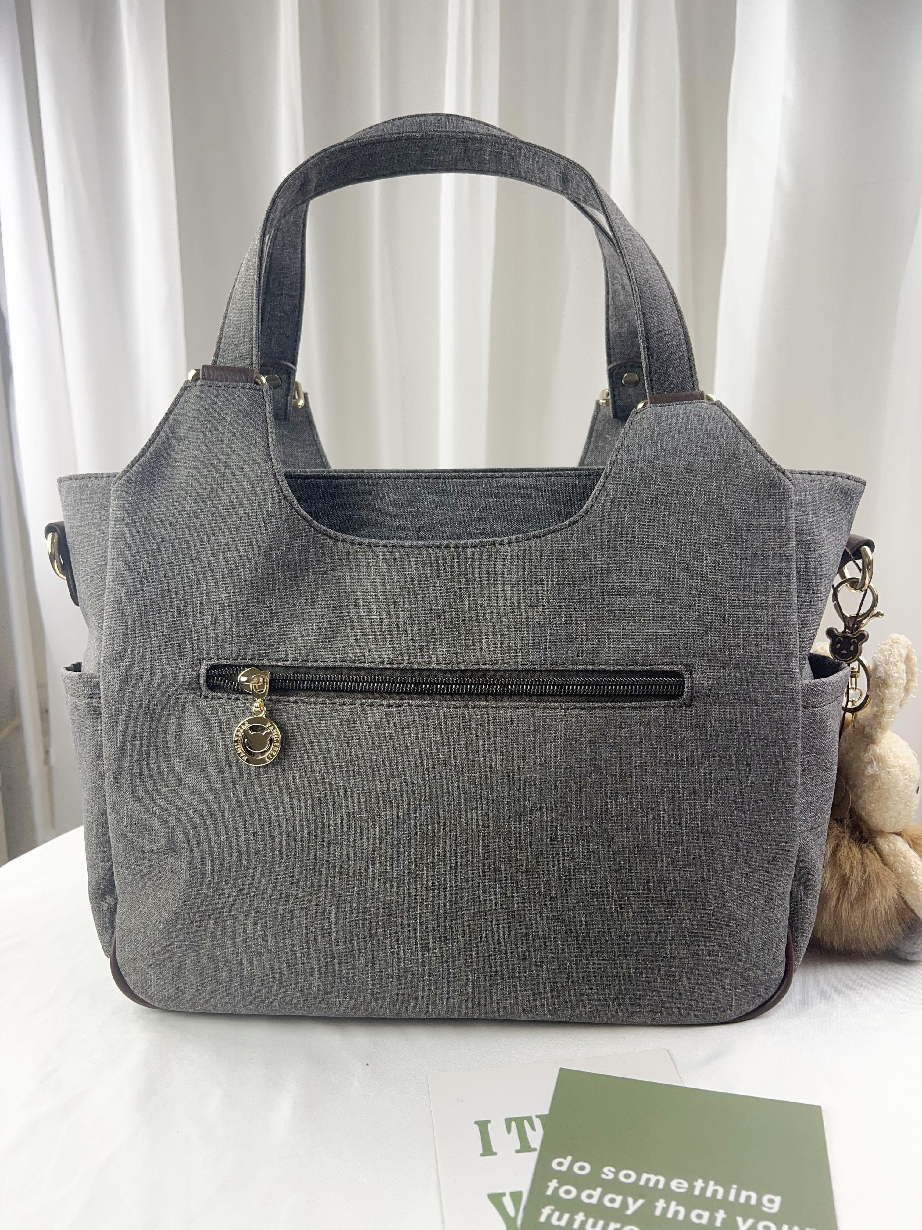 FamilyBear 織帶灰配咖防潑水手提包 / 側背包 附兔兔吊飾  #2756