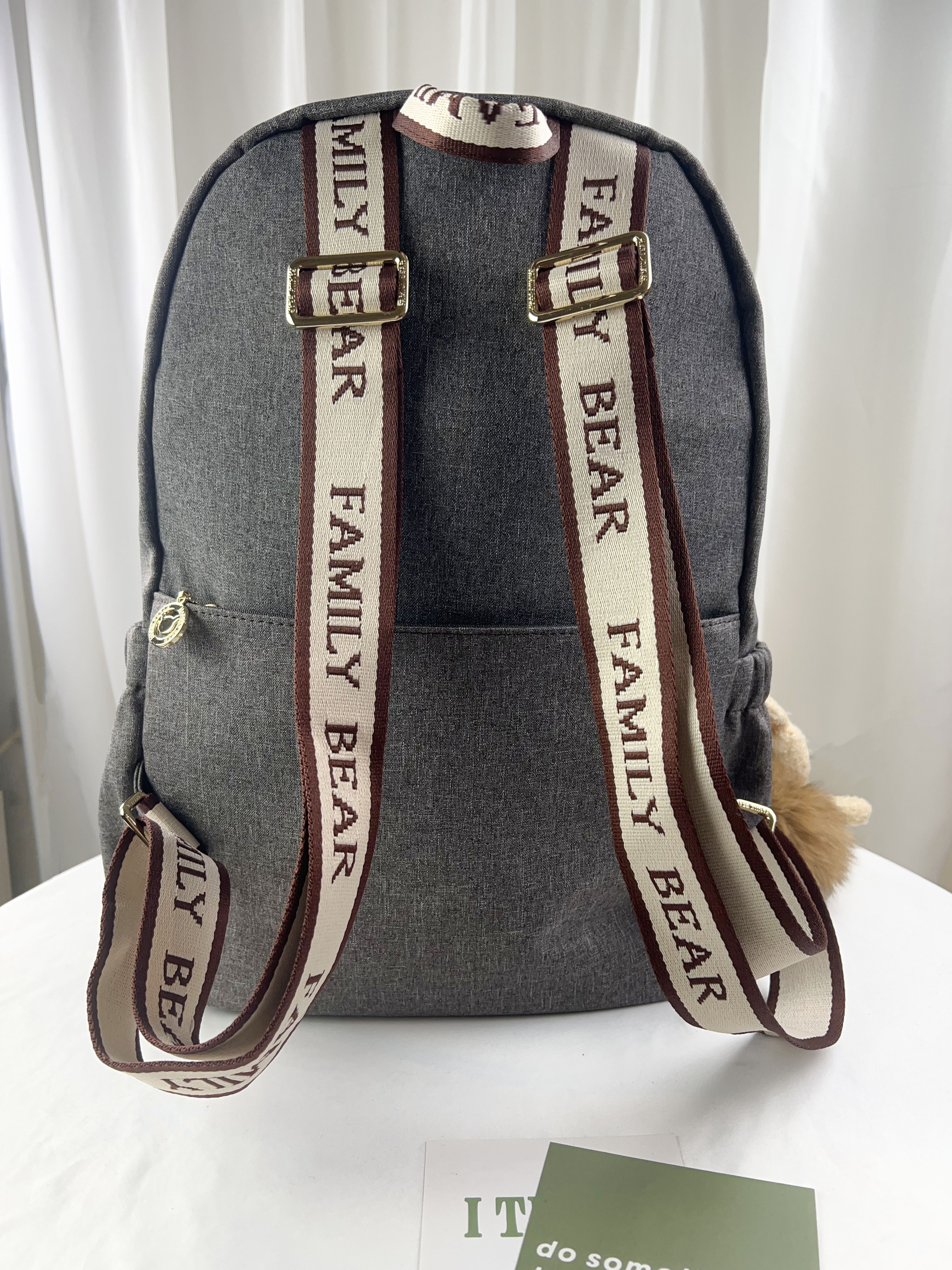 FamilyBear 織帶灰配咖防潑水後背包 附兔兔吊飾 #2627